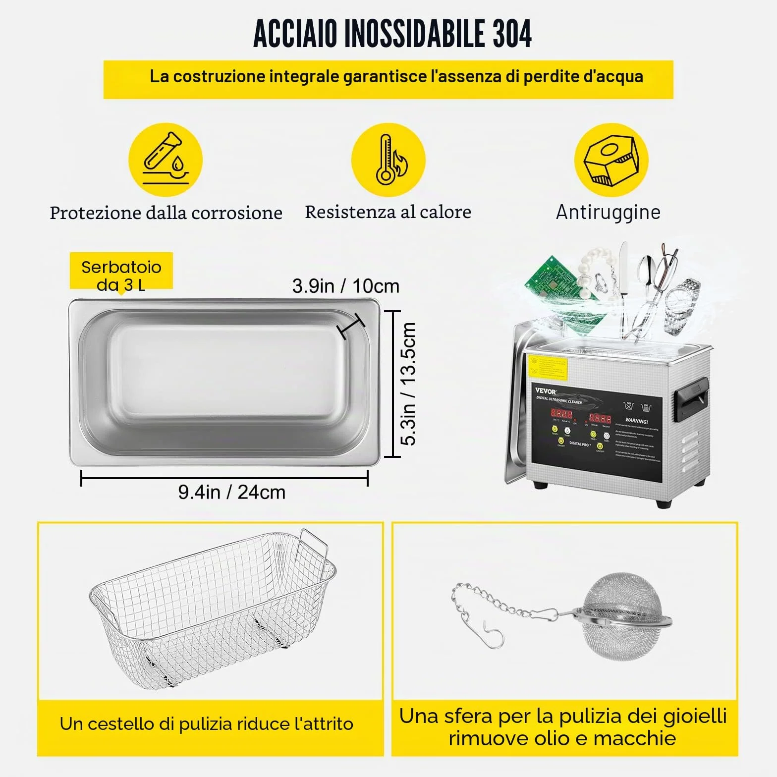 VEVOR Pulitore a Ultrasuoni 3 L Riscaldatore 200 W Ultrasuoni 120 W Digitale