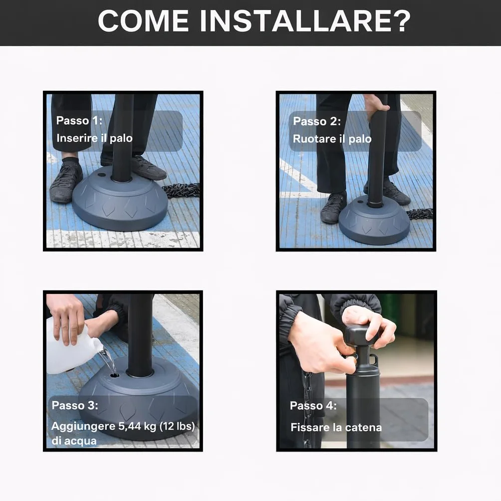 Set da 6 Pali di Contenimento da 102 cm, Posto Delineatore del Traffico con Catene di Plastica e Base Riempita d'Acqua per Parcheggio, Code e Controllo della Folla (Nero)