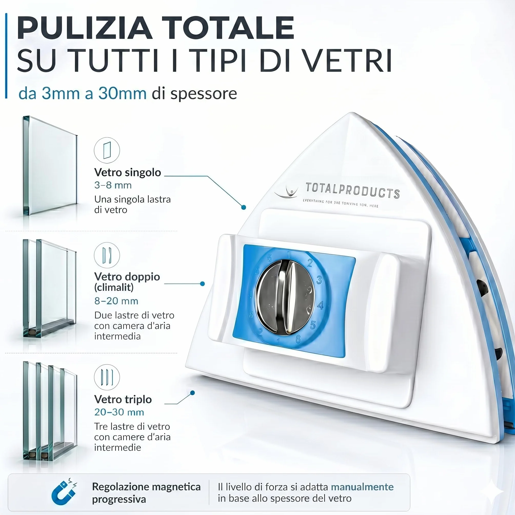 Lavavetri Magnetico Regolabile 3-30 mm, Pulitore Vetri Doppia Faccia, Corda di Sicurezza, Ricambi e Manuale