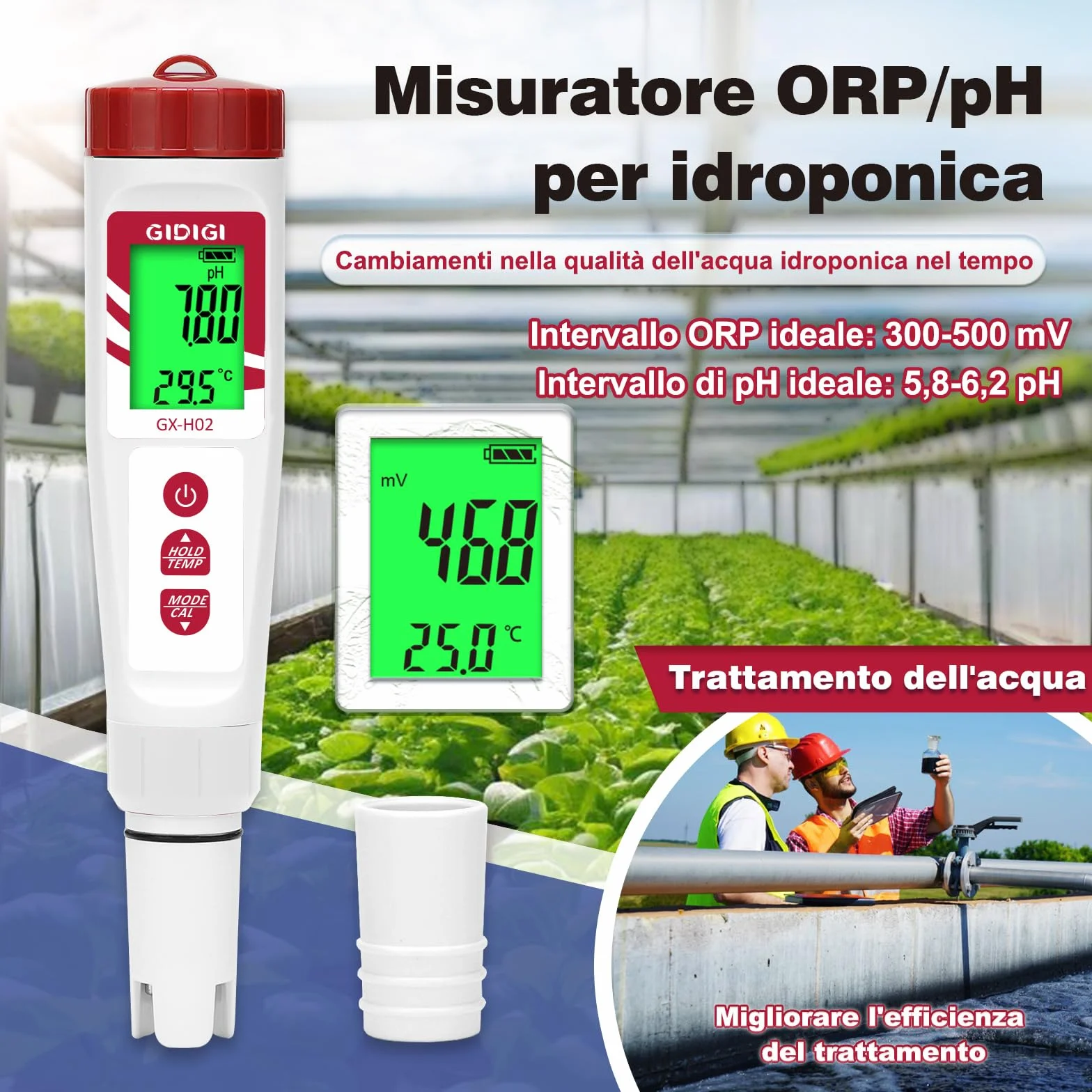 Tester di idrogeno per acqua, misuratore di pH GIDIGI, misuratore di qualità dell'acqua digitale pH/ORP/H2/Temp con ATC, tester ORP, tester di idrogeno ad alta precisione per acqua potabile idroponica