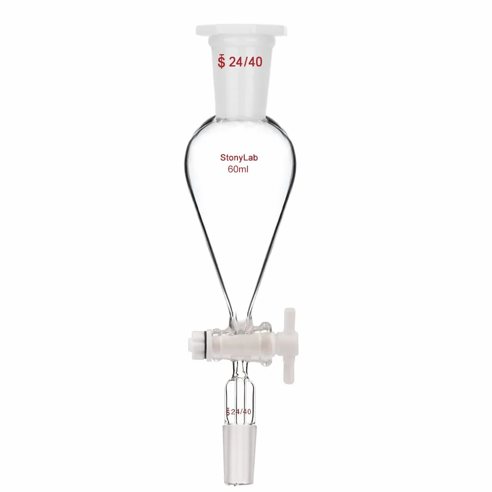 stonylab Imbuto Separatore con Rubinetto di Arresto PTFE, Imbuto Separatore Conico a Forma di Pera da 60 ml in Vetro Borosilicato a Parete Pesante con 24/40 Giunti