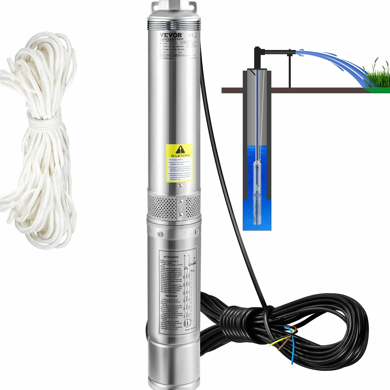 VEVOR Pompa Sommersa per Pozzo 370W Flusso 110L/min per Piscina Giardino Orto in Acciaio Inox, Pompa Sommersa per Pozzi Profondi 230V Prevalenza Max. 44m con Scatola Controllo Esterna