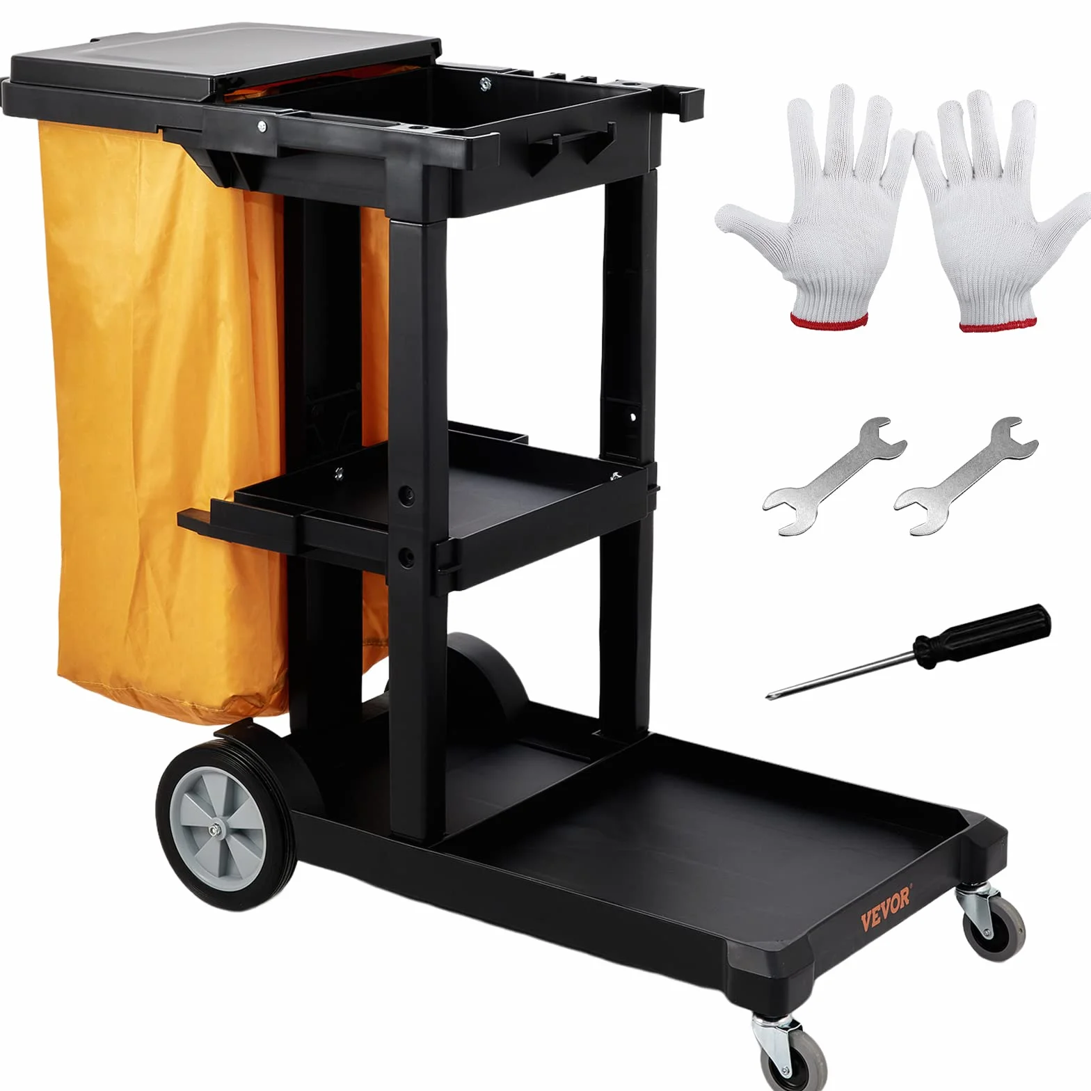 VEVOR Carrello per Pulizia di Servizio 3 Ripiani con Coperchio Sacco per Raccolta Spazzatura Ruote in PVC capacità Carico Max. 90,7kg, Carrello di Pulizia 3 Ripiani PP per Hotel Aeroporto Magazzino