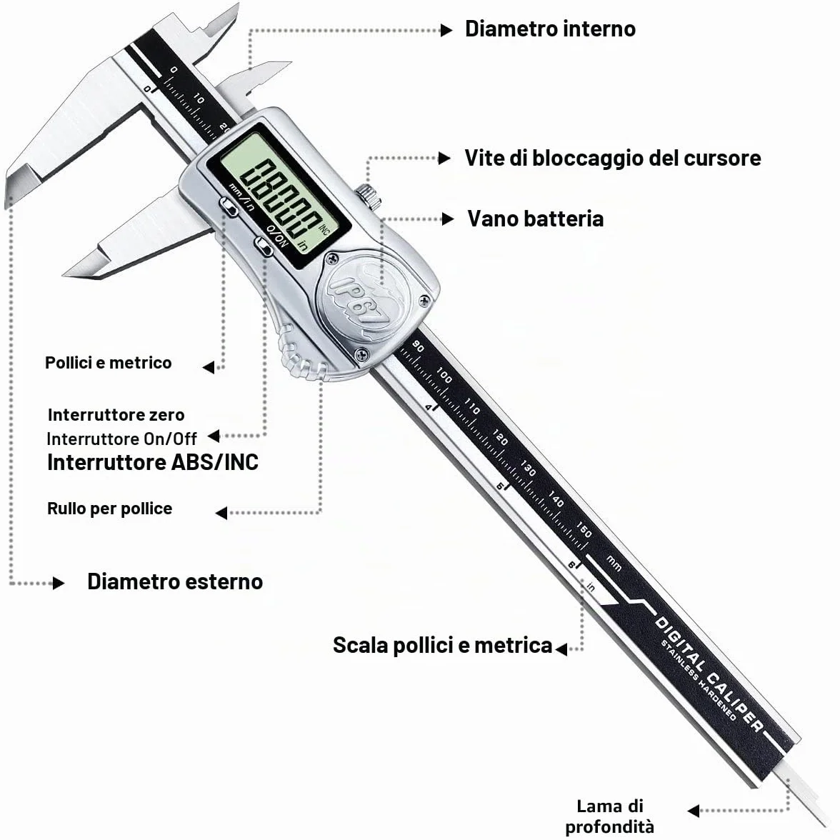 Kynup Calibro digitale 0-6 pollici/150 mm IP67 acciaio inossidabile