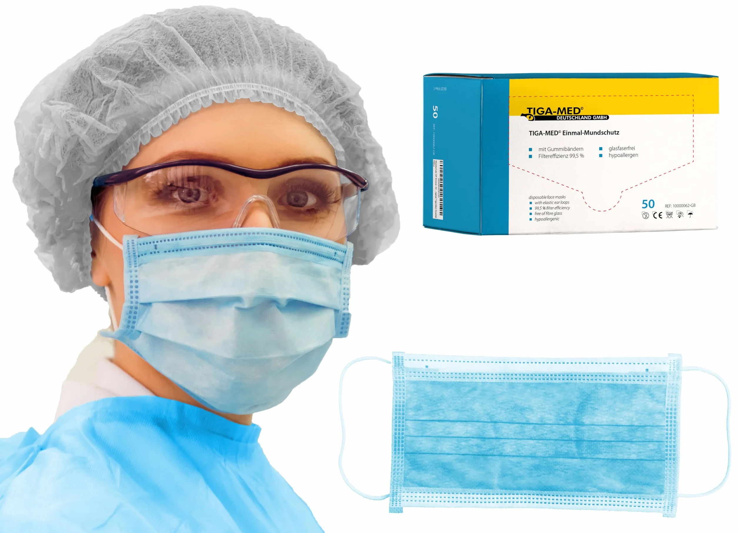 Tiga-Med mascherina medica monouso 3 strati FFP2 blu confezione 50 pezzi efficienza filtrazione 99,5%