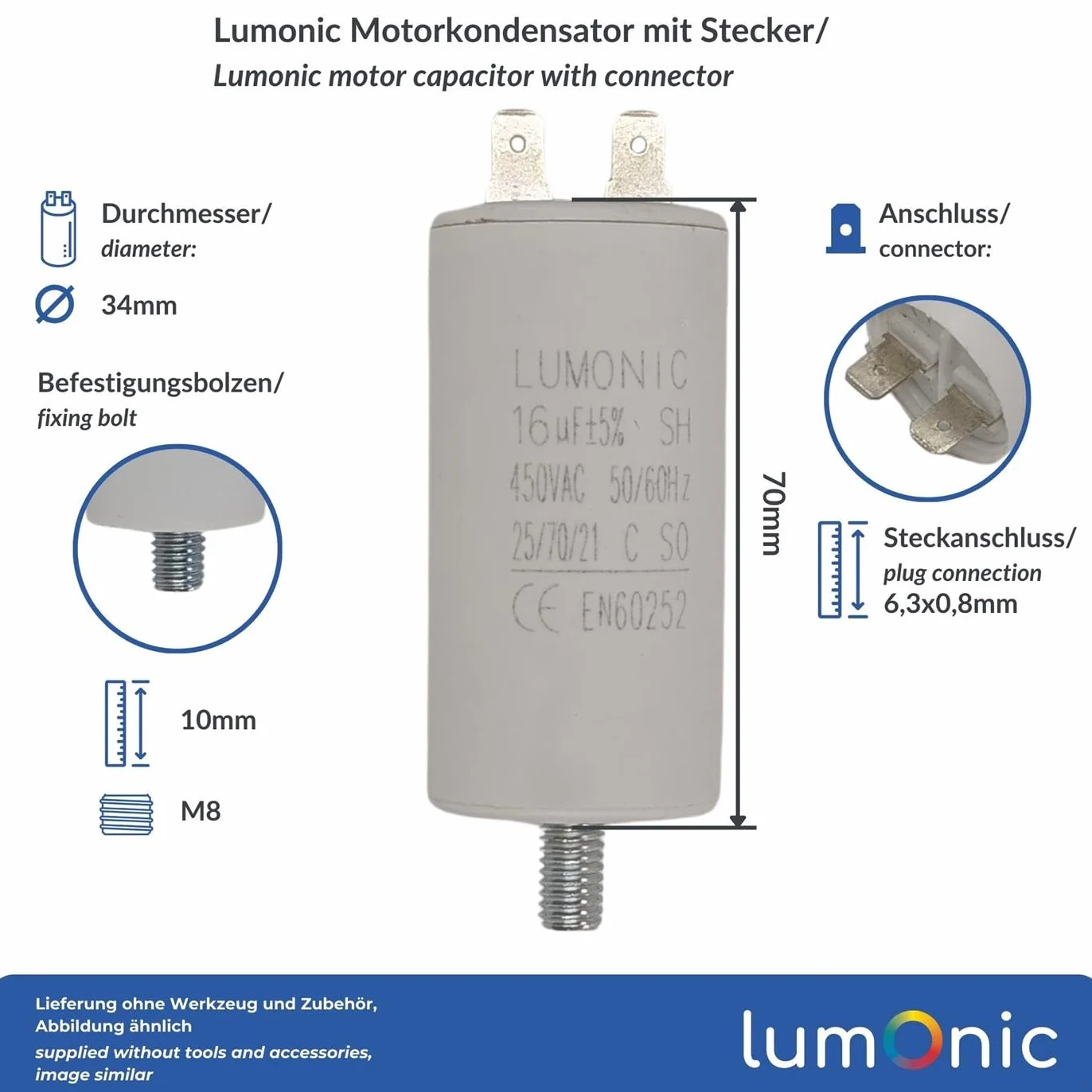 Lumonic Condensatore di avviamento 16µF 450V 34x70mm per pompe tosaerba utensili