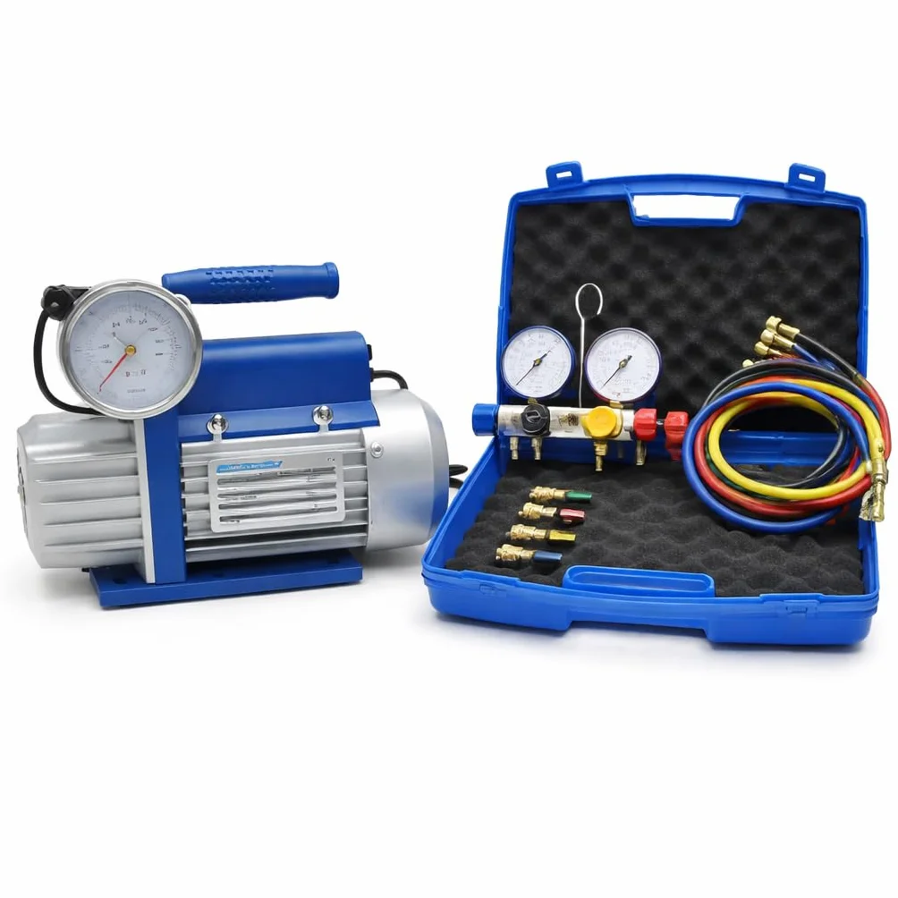 3S SuperSamaStore Kit Pompa del Vuoto Bistadio 70 L/Min con Set Manometrico 4 Vie Universale, per Installazione e Manutenzione Impianti Climatizzazione e Condizionatori con Gas R410A-R32-R407C-R134A