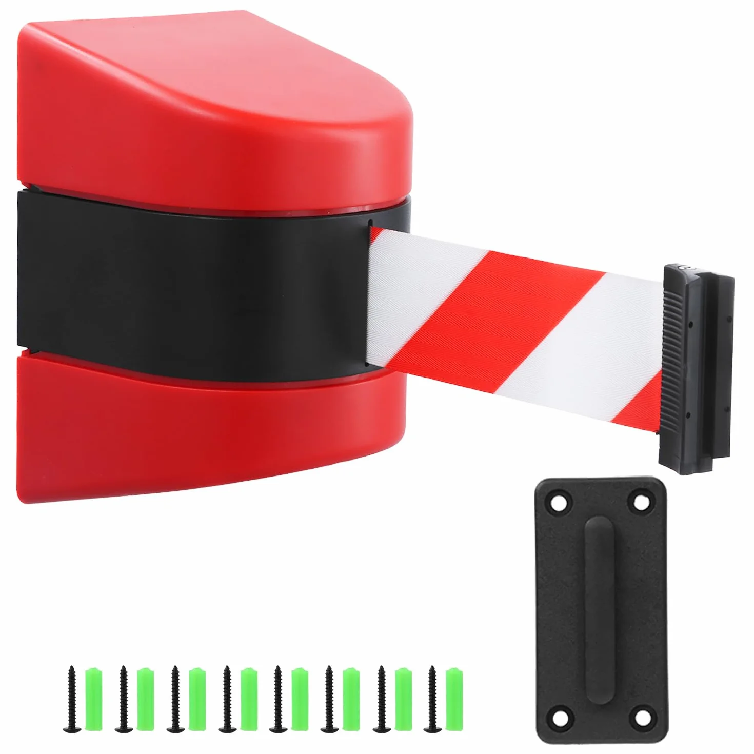 QWORK® Barriera a nastro retrattile da 10 m - rosso/bianco - alloggiamento a parete in plastica ABS - funzione di bloccaggio - per il controllo della folla durante gli eventi