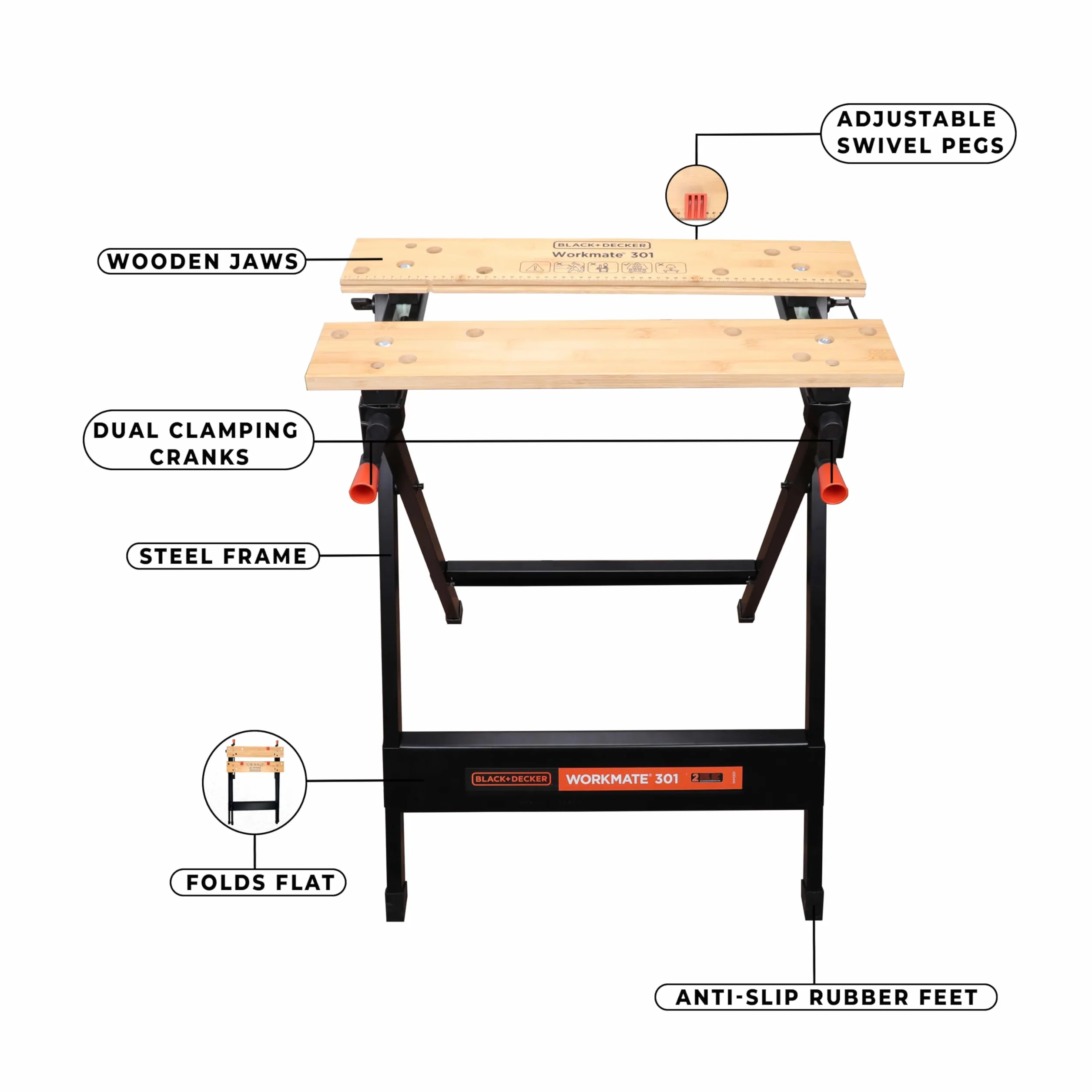 BLACK+DECKER, Banco da Lavoro Workmate, Black/Wood, 15.5 x 84 x 12.5 cm. WM301-XJ