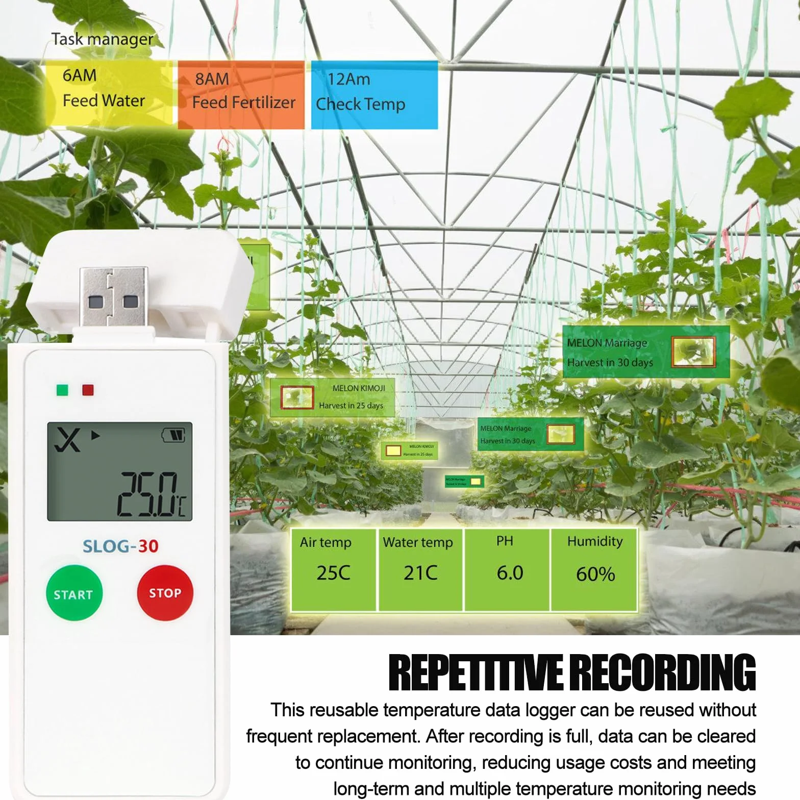 Registratore di temperatura USB digitale 65000 punti, logger con grande schermo LCD e rapporti PDF