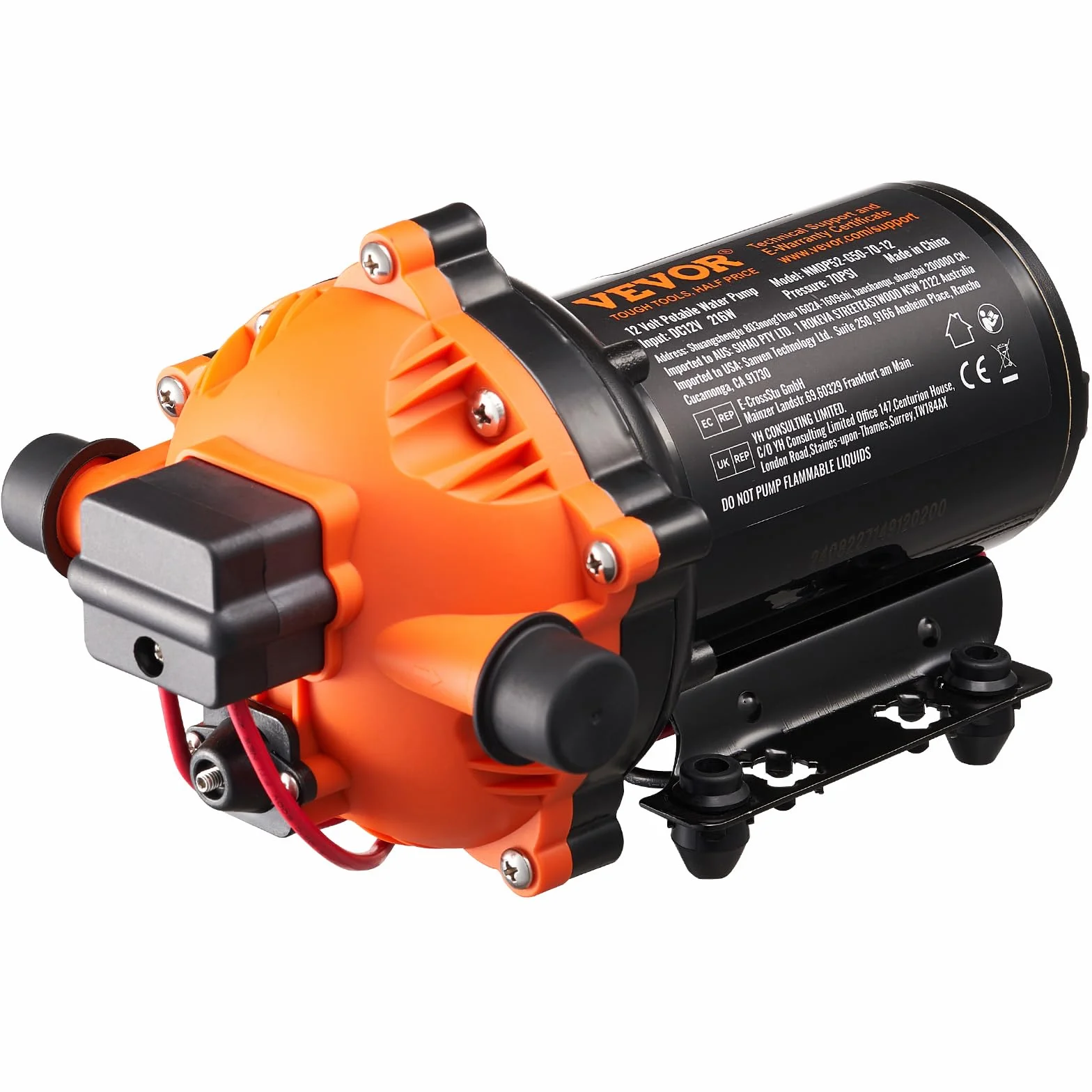 VEVOR Pompa a Membrana 12V, 5 GPM 18,93 L/min, Pompa per Acqua a 5 Camere 12 Volt CC con Pressostato Automatico 40-100 PSI Regolabile, 70 PSI, Porta MNPT per Camper Yacht Food Truck Camper Nautica