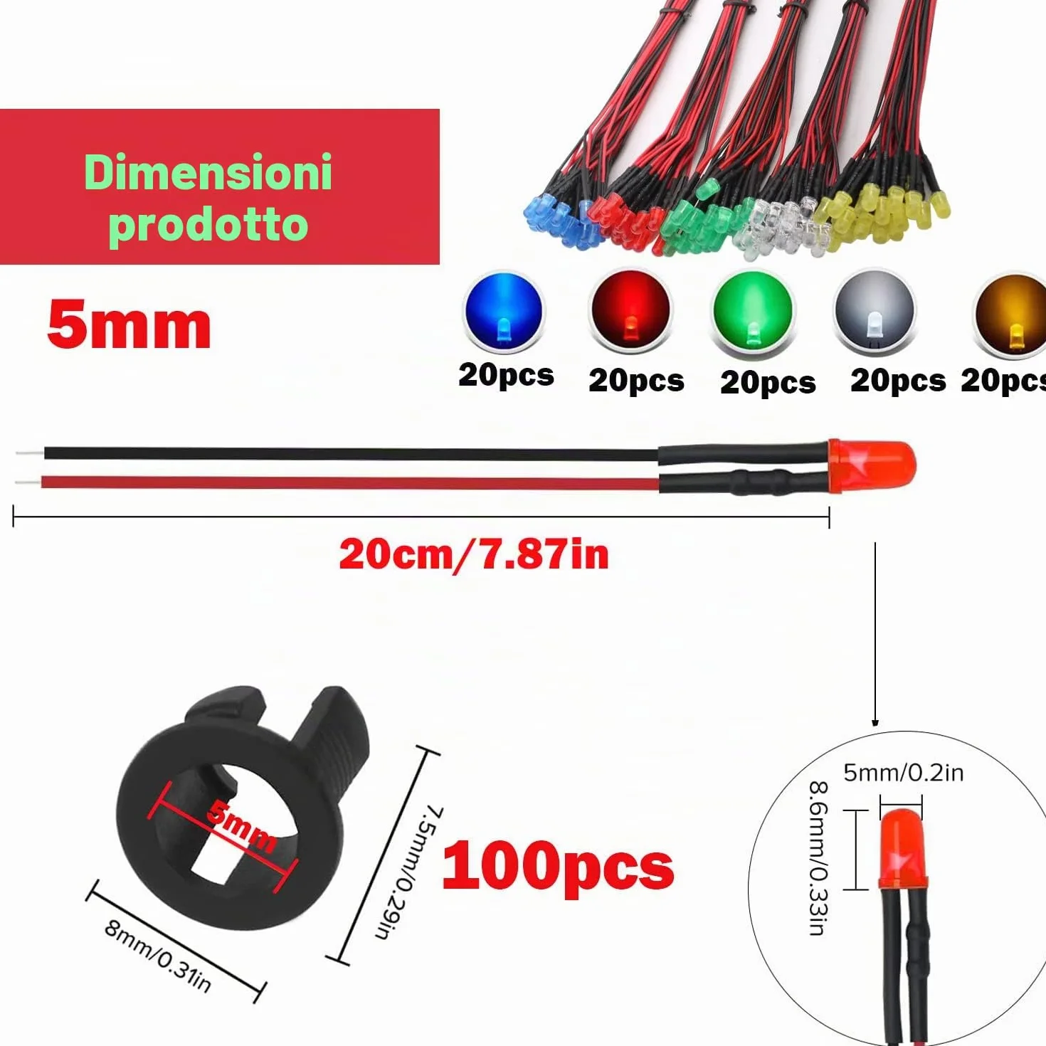 RUNCCI-YUN 100 Pezzi 5 Colori 12V LED Diodi ad Emissione, 5mm Luminosa Luce a Diodi LED Precablata, Led Modellismo + 100Pezzi 5mm Supporto in Plastica del Diodo(Bianca, Rosso, Blu, Verde, Giallo)