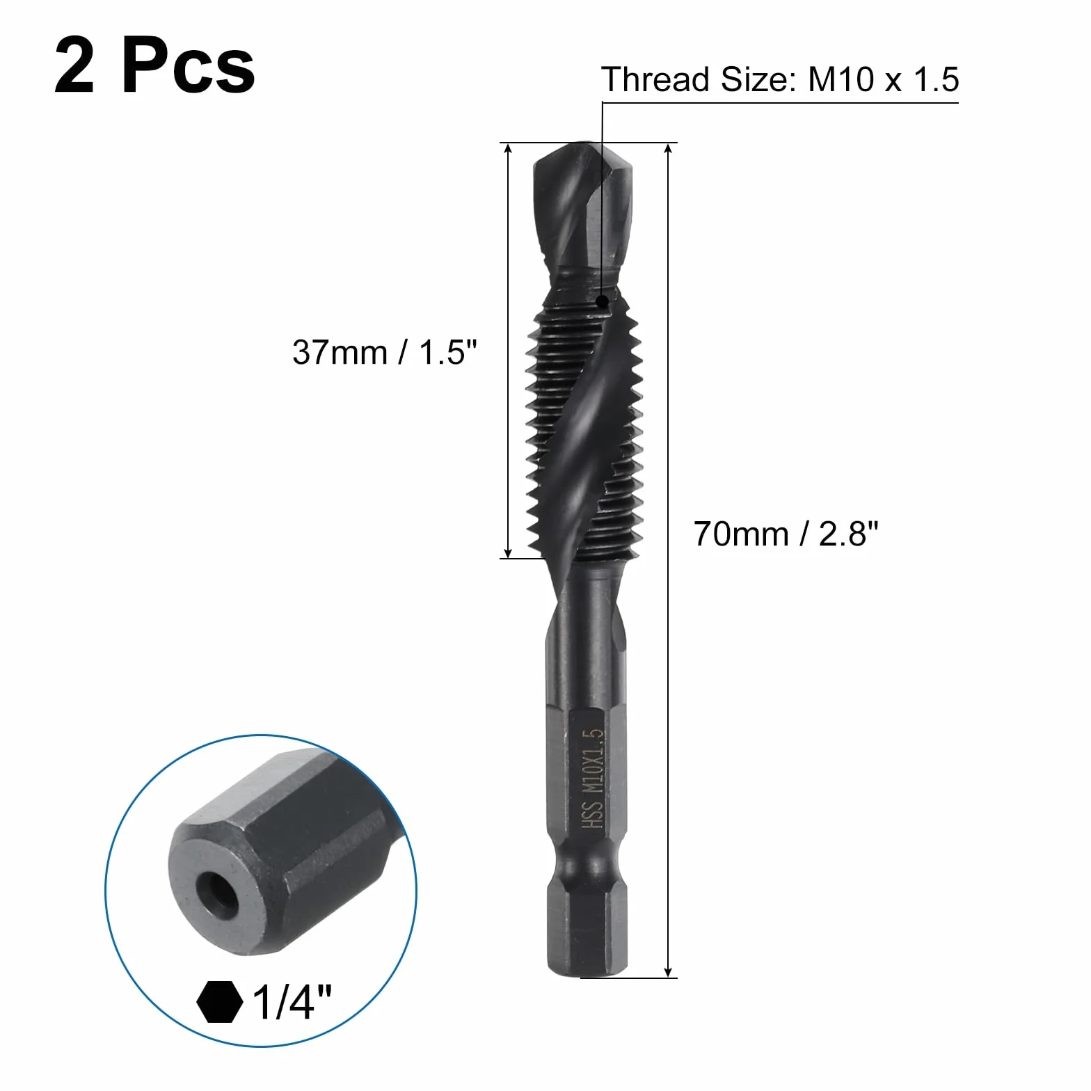 QUARKZMAN 2pz Trapano Maschio Combinati M10 x 1.5 Filettatura 1/4" Esagonale Rivestiti Nitruro Acciaio Alta Velocità 4341 Kit Foratura