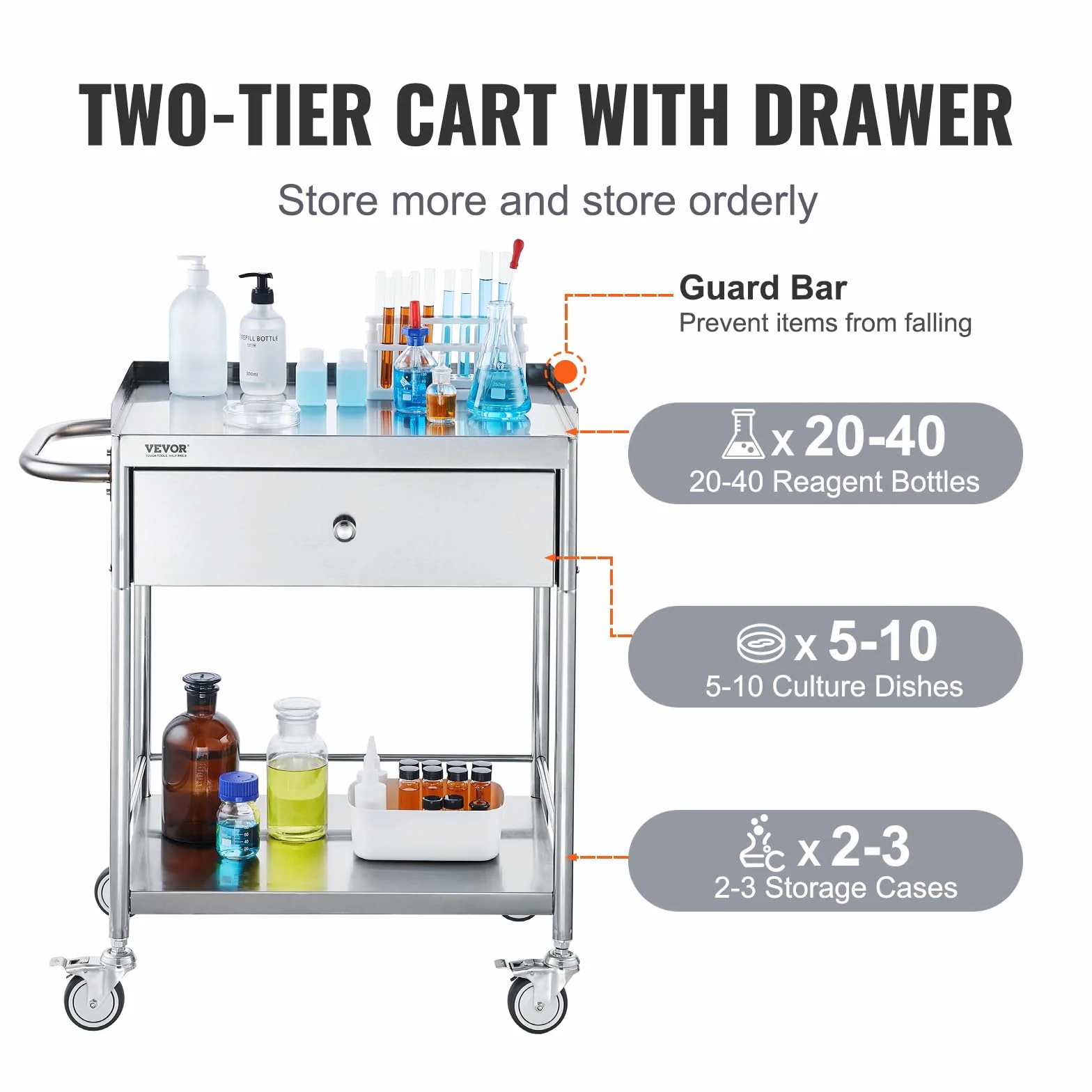 VEVOR Carrello da Laboratorio in Acciaio Inox 2 Ripiani Capacità Carico Totale Massima 100kg, Carrello Sanitario in Acciaio Inox 201 710 x 421 x 785 mm, Carrello per Medicazione da Laboratorio 2 Piani