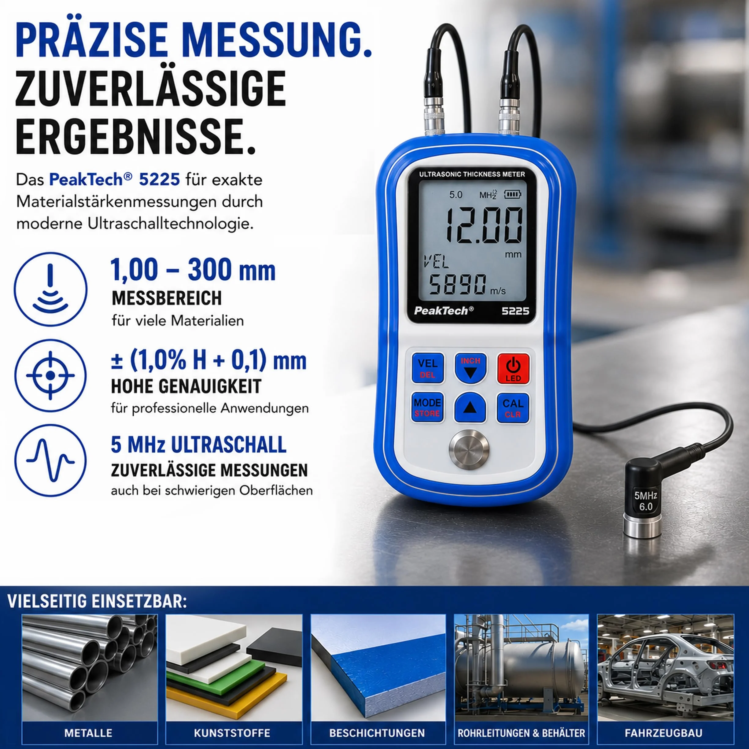 PeakTech P 5225 Spessimetro a ultrasuoni 1,00-300,0 mm Risoluzione