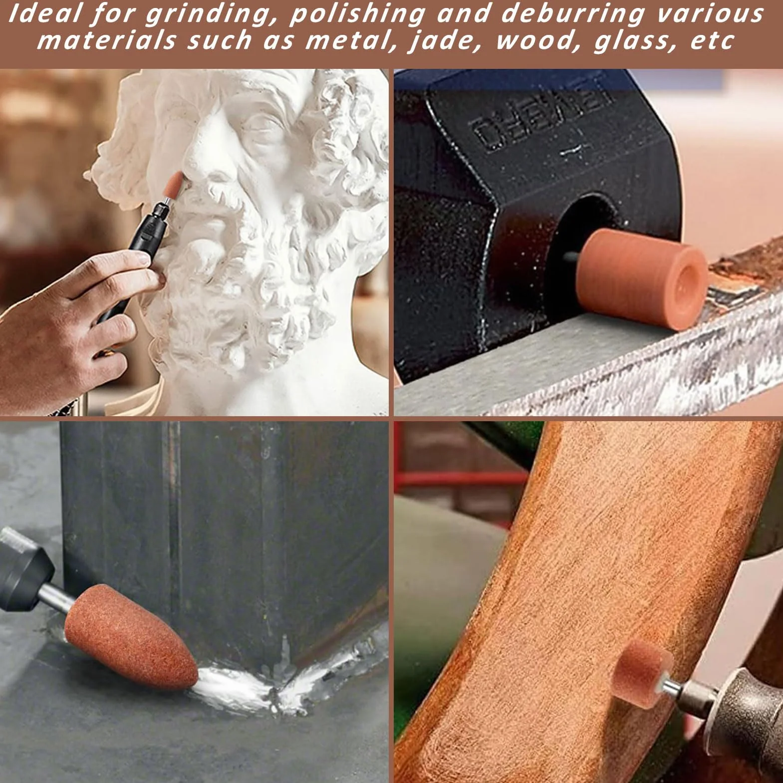 42 teste abrasive in corindone, testa per mola, perno rotante, tre tipi: cono, piccolo cilindro, grande cilindro, adatto per Dremel, pietre preziose, vetro, metallo, ecc