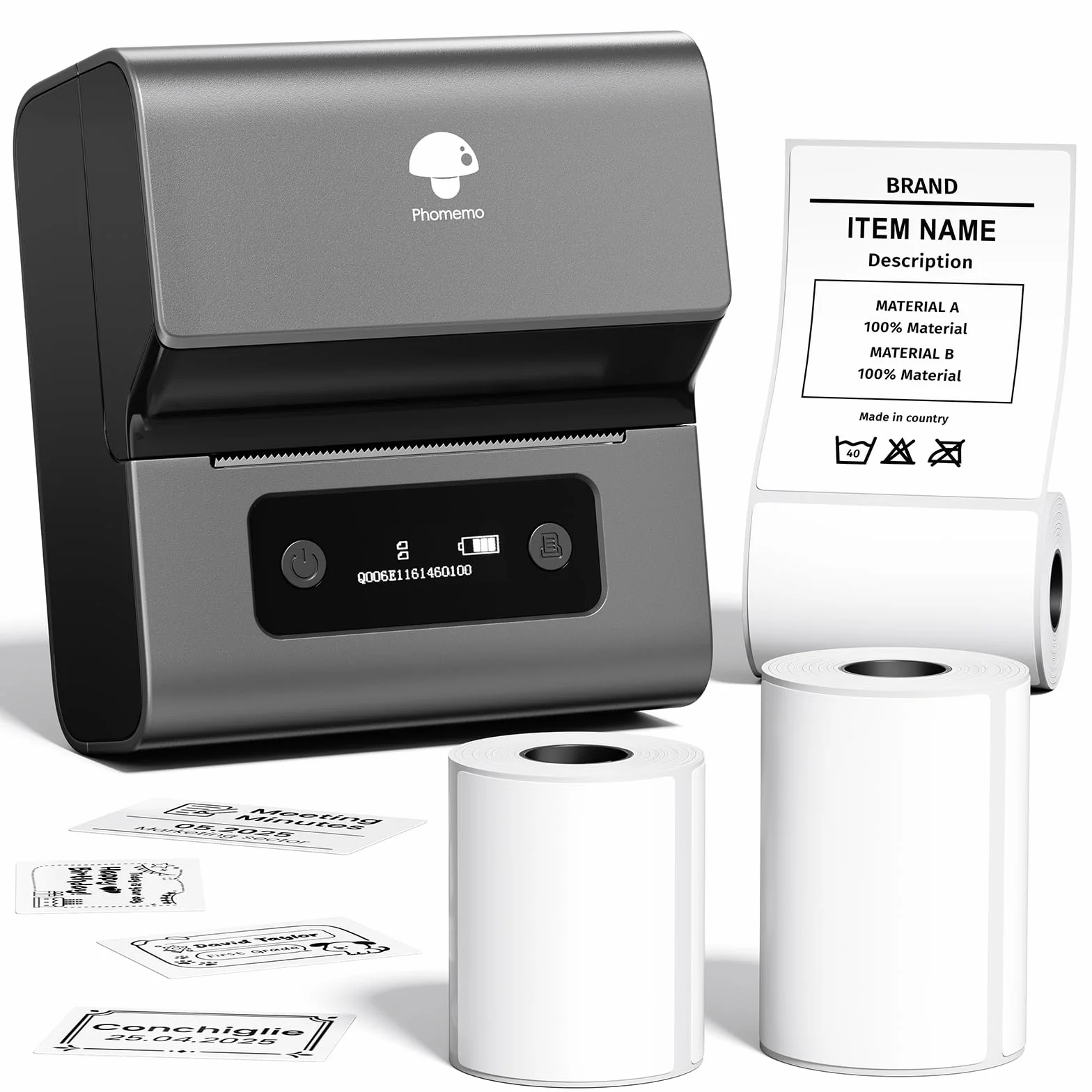 Phomemo M221 Etichettatrice Portatile - Stampante Codice a Barre, Stampante Etichette Adesive Termica con PC IOS Android, per Indirizzi, Codici a Barre, Casa, Ufficio,con 3 Rotoli di Etichette(Grigio)