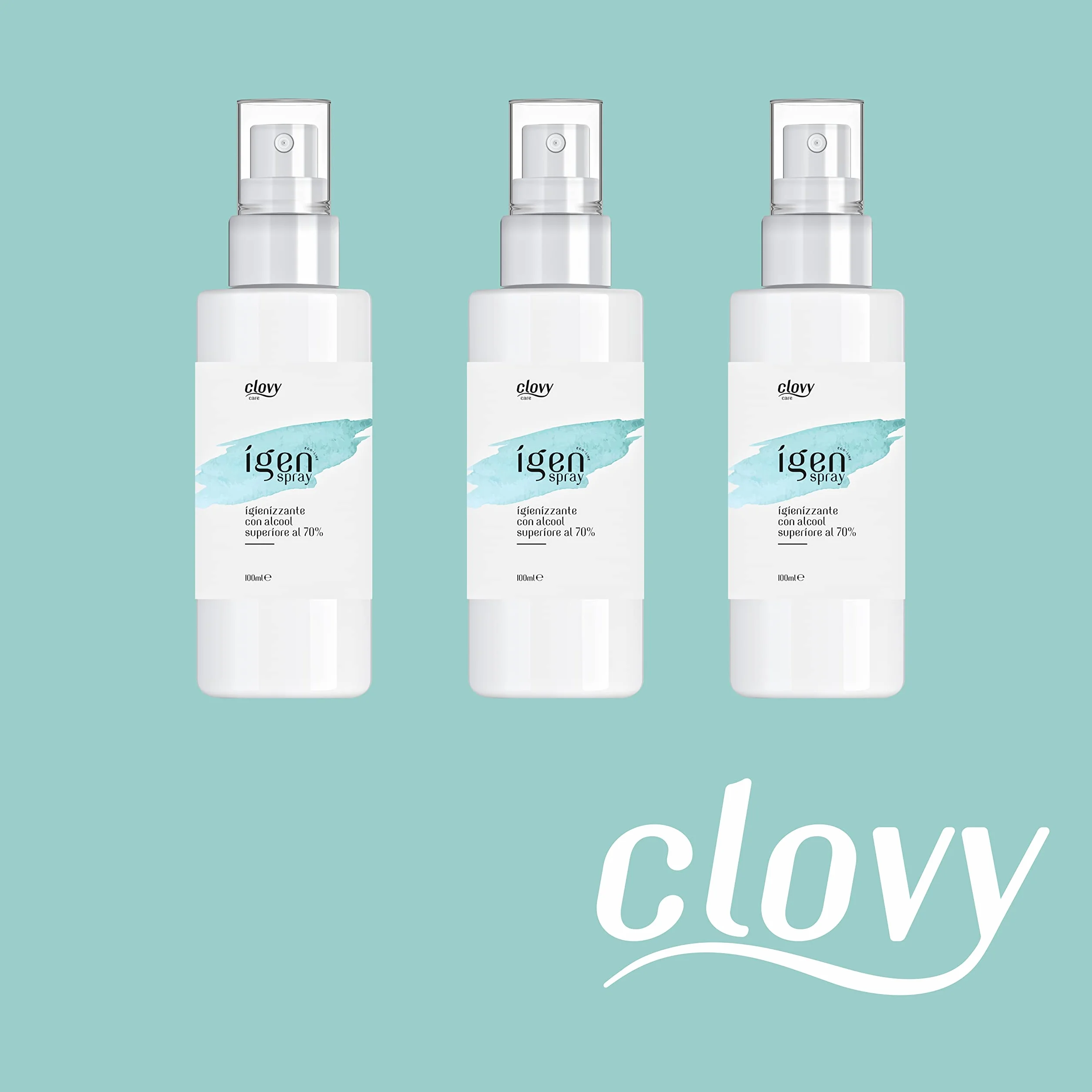 Clovy Care. Igienizzante spray tascabile 2in1 da 100 ml con alcool contenuto >70% per mani e superfici. Senza risciacquo. Rapida asciugatura. (100 ML, 6)