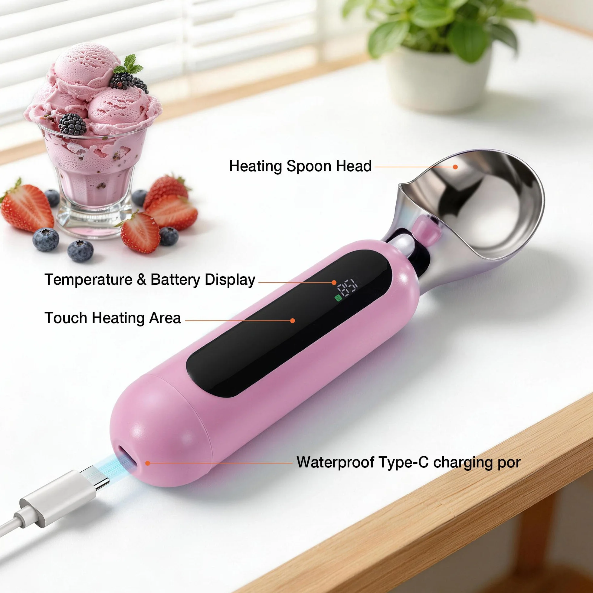 Paletta per gelato riscaldata, ricaricabile, elettrica, con display a LED, interruttore on/off, impermeabile IP67, riscalda fino a 70 °C, per gelato duro (rosa)