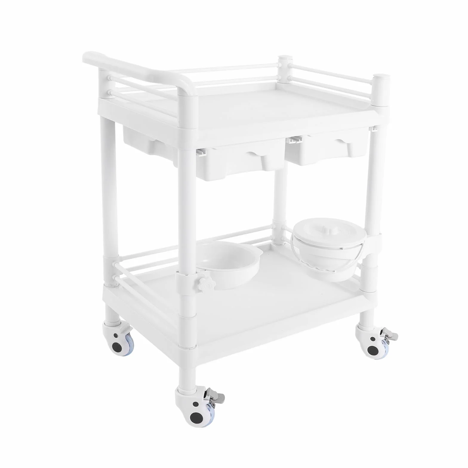 OUKANING Carrello medico con 2 cassetti e ruote dei freni, carrello da laboratorio arrotolabile in ABS, portata 90 kg, 64,5 x 44,5 x 90 cm, bianco multifunzionale per ospedale, studio cosmetico e