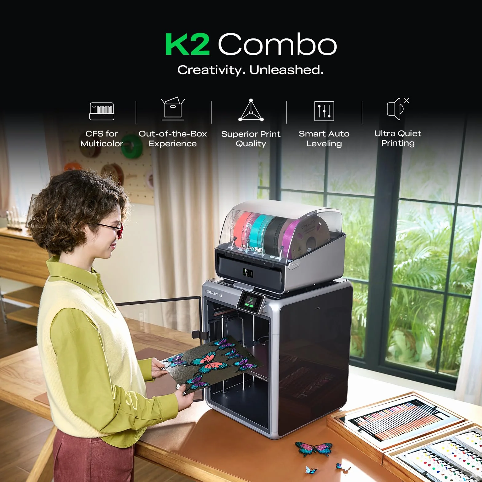 Creality K2 Combo (A), Stampante 3D Multicolore con CFS, Max 600 mm/s, Livellamento Automatico, Stampa Silenzios & Ventola Ausiliaria, Ugello 300 °C, Volume Stampa 260x260x260 mm