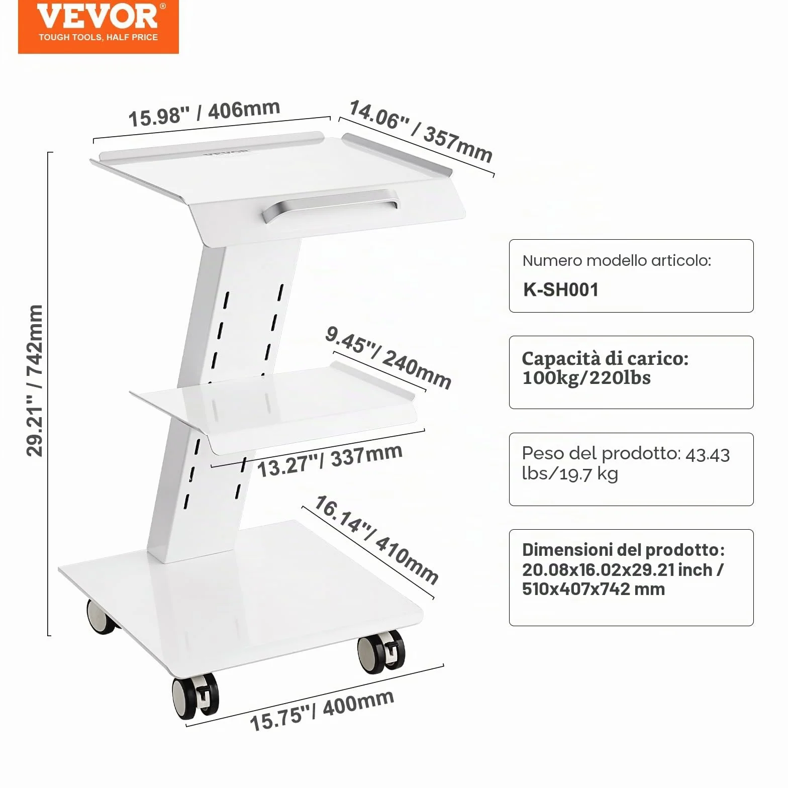 VEVOR Carrello da laboratorio 3 strati con presa integrata ruote girevoli portata 100 kg