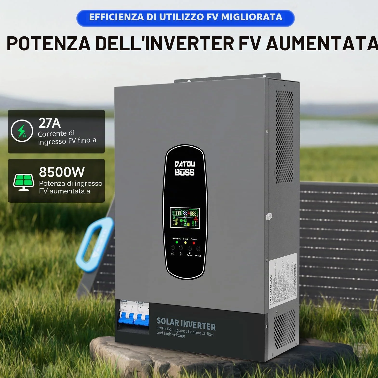 DATOUBOSS Inverter solare ibrido da 6200 W, 48 VDC a 230 V, inverter sinusoidale puro con 120 A, ingresso fotovoltaico da 8500 W, supporta il sistema di protezione BMS, per batterie al litio da 48 V.
