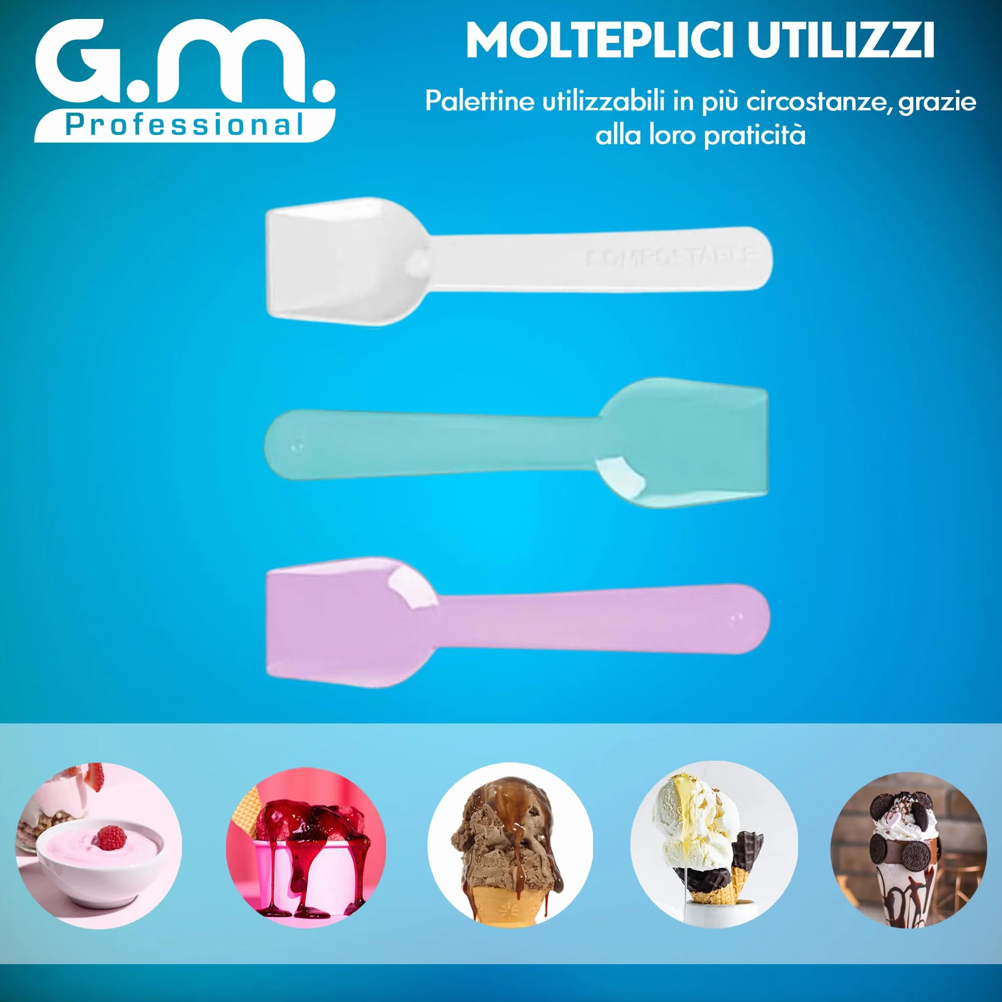 GM 1000 Cucchiaini per il Gelato Riutilizzabili Colorati, Imbustate Singolarmente, Palette Compostabili per dolci dessert gelato, Misura 9,5 cm