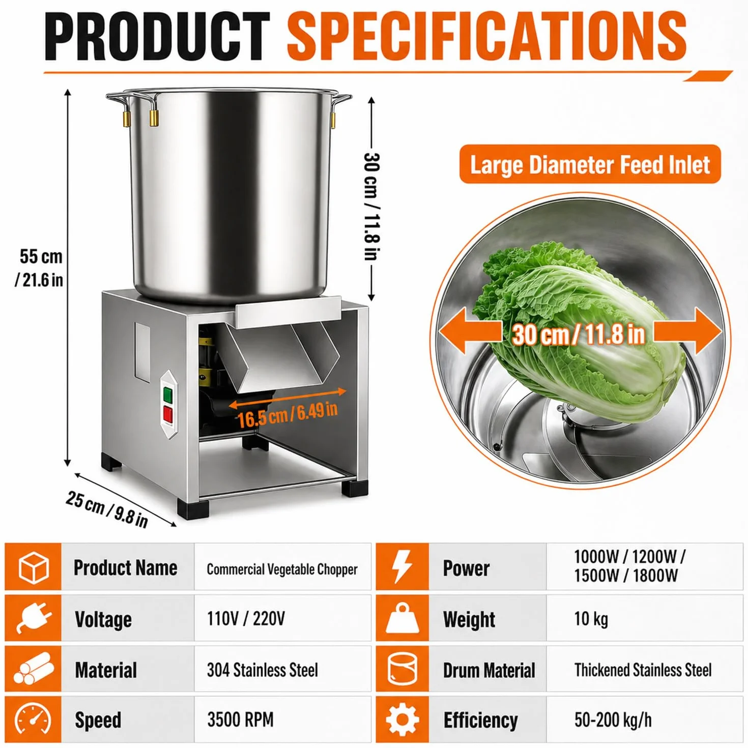 Tritatutto Pollame Trituratore Allevamento 1800W 3500 Giri/Min 30 Cm 4 Lame Ricambio 50-200 Kg/Ora