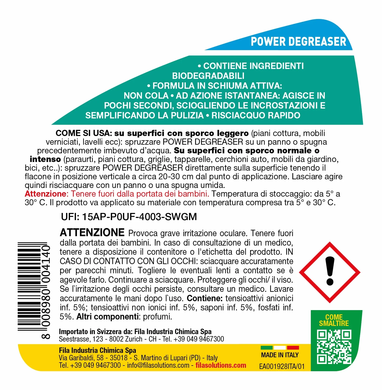 FILA POWER DEGREASER Professionale Universale a Schiuma Attiva 750ml