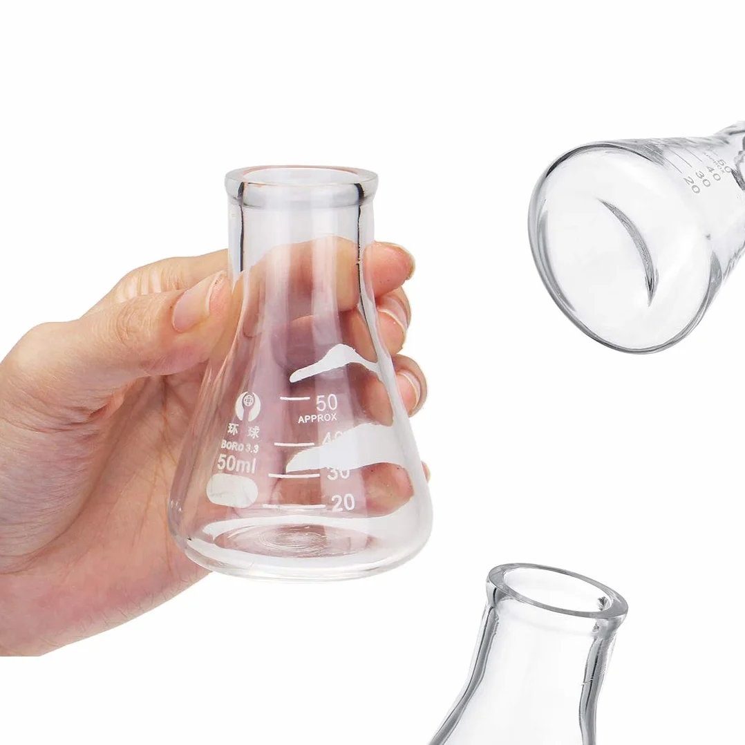 JESSTOLO 50ml Erlenmeyer Becher Cilindro Graduato Vetro Borosilicato con Contagocce Spazzolini Barra Agitazione