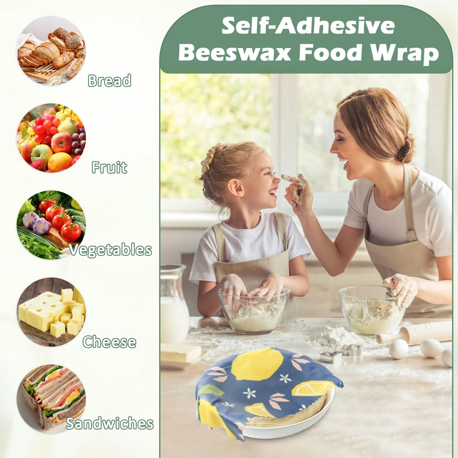 9 Pezzi Bee Wrap, Involucri Alimentari Riutilizzabili in Cotone Biologico e Cera d'Api Naturale, Pellicola Lavabile per Pane, Formaggio e Frutta, 3 Dimensioni (5S, 3M, 1L)