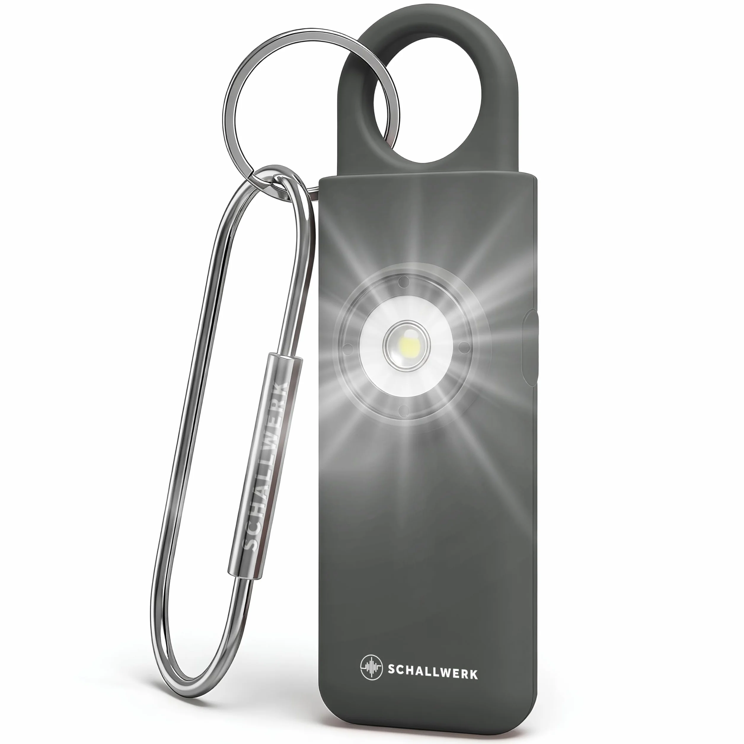 Schallwerk ® Safety+ - Allarme tascabile da donna, allarme personale con luce LED, portachiavi per autoprotezione e sicurezza in viaggio, forte e compatto (grigio grafite)