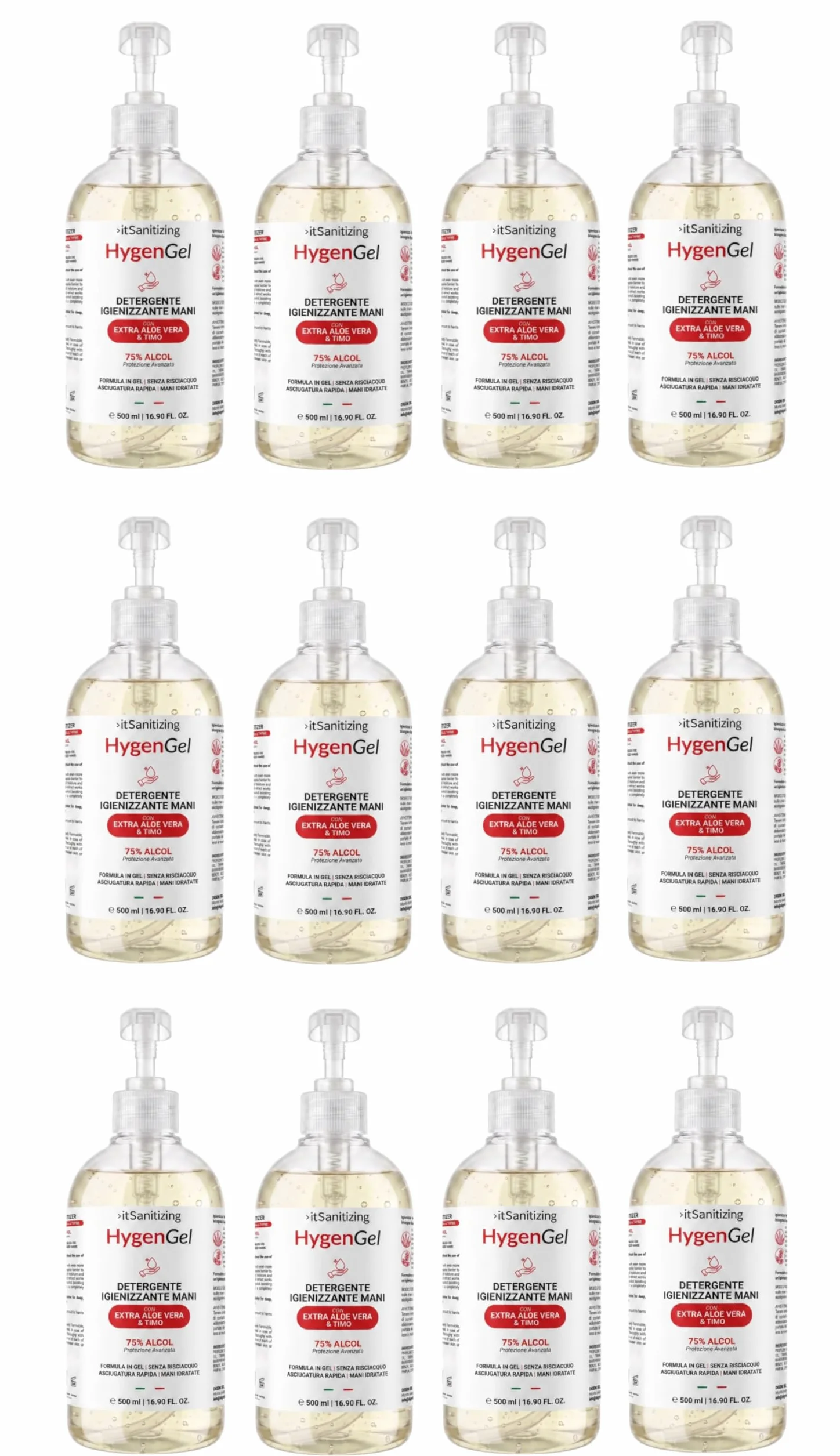 Hygen Gel Mani Disinfettante Antibatterico Alcool 75% 6 Litri - 12 Flaconi 500 ml z Aloe Vera i Tymianek