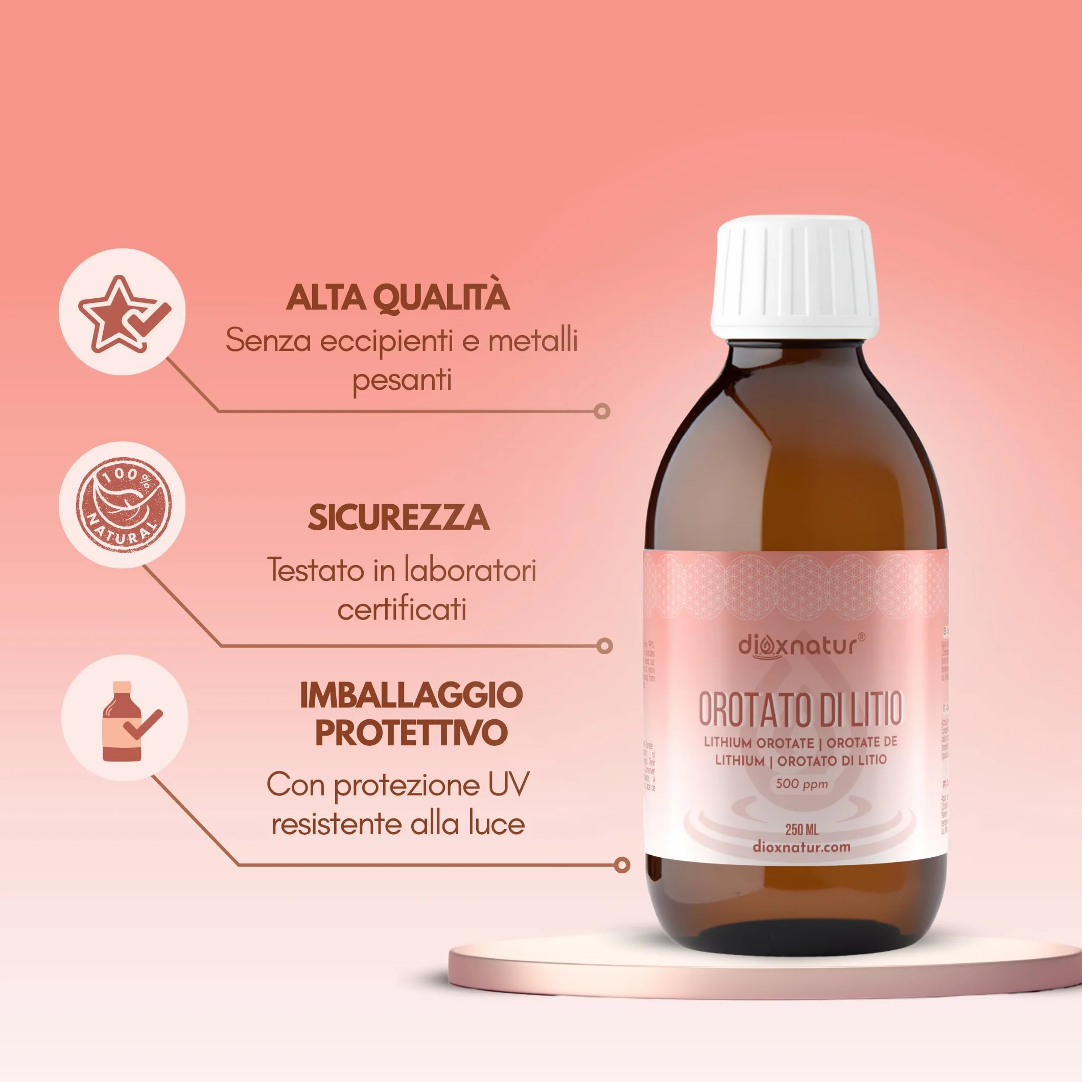 Orotato di litio liquido 250 ml - 0,5 mg/ml - 500 ppm - Purezza 99% - Pipetta inclusa