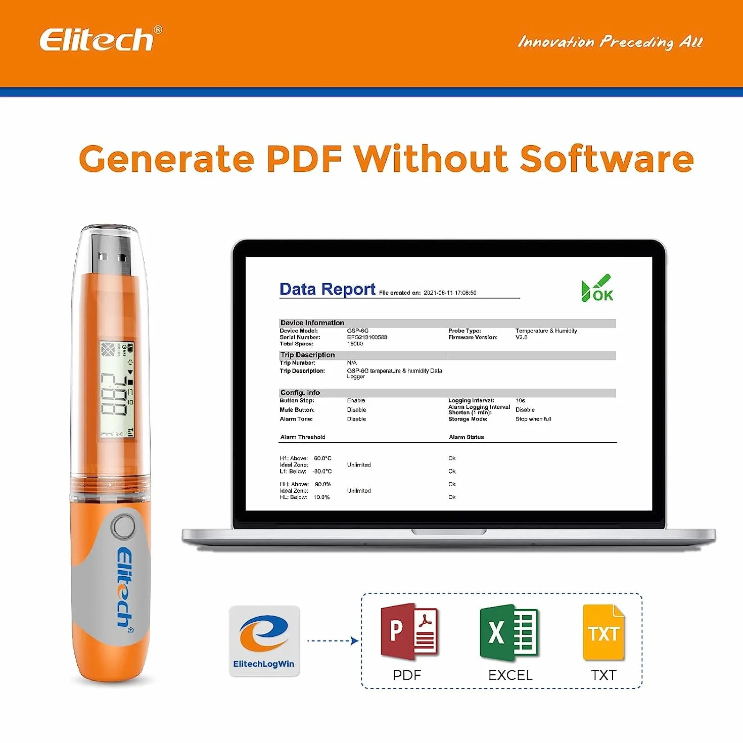 Elitech RC-51H Data Logger Temperatura Umidità 32.000 Punti Schermo LCD CE FDA