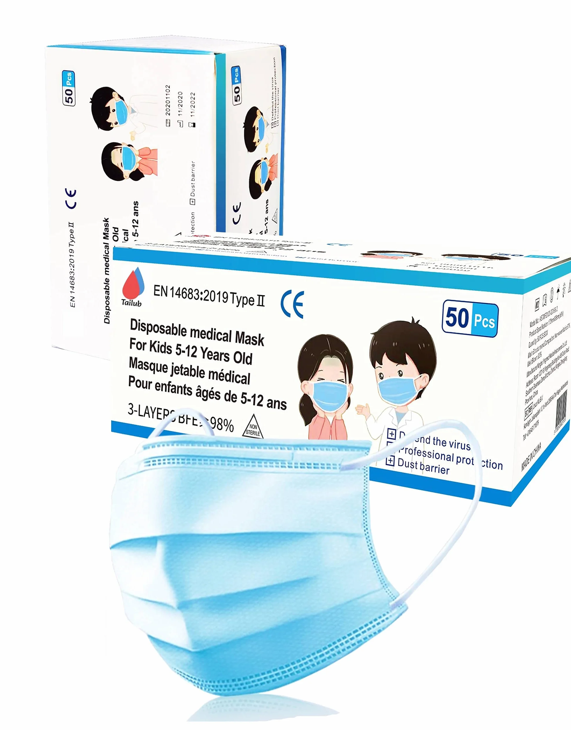 BAMBINO 50 Maschere Medico Chirurgiche Tipo 2 3 Ply Monouso CE EN14683:2019 Polipropilene