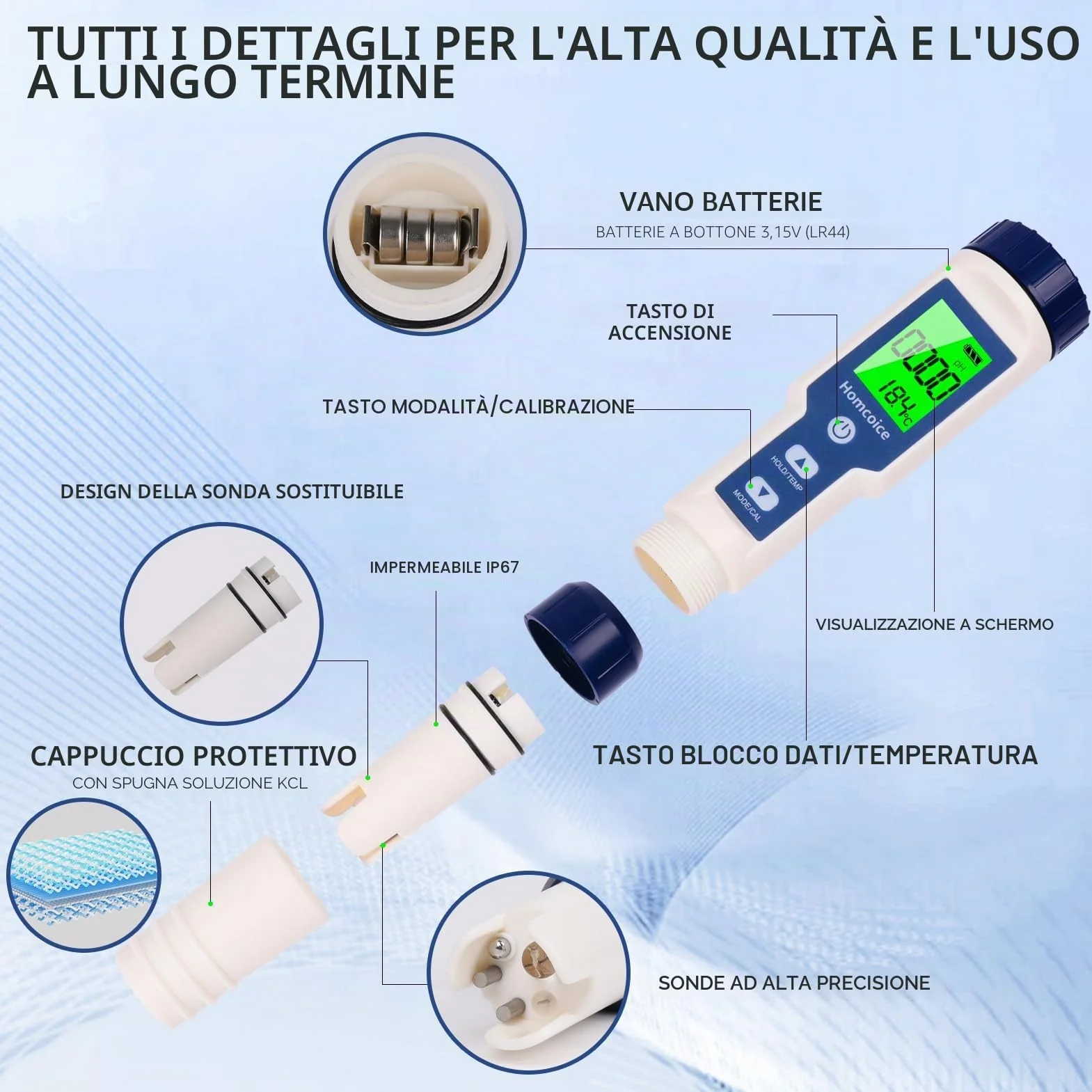 Misuratore pH Piscina 7 in 1 con TDS EC Salinità S.G ORP Temperatura, professionale Tester pH Acqua IP67 impermeabile, pH Meter digitale ad alta precisione 0,01 con funzione ATC