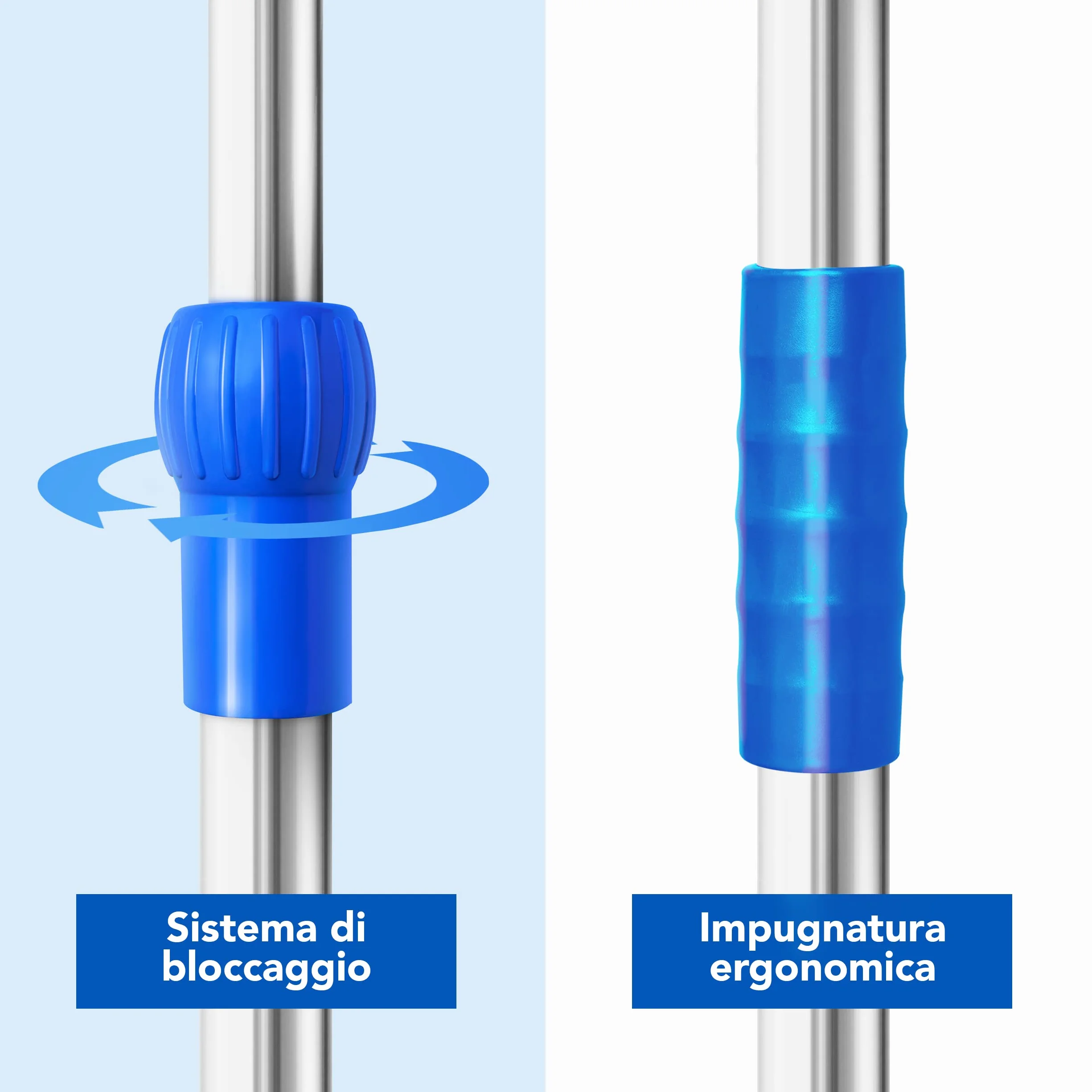 AIESI® Asta per flebo in ACCIAIO INOX con 4 ganci in plastica e ruote piroettanti con freno, Incluso 2 supporti reggiflacone da 100 ml, Garanzia Italia 24 mesi