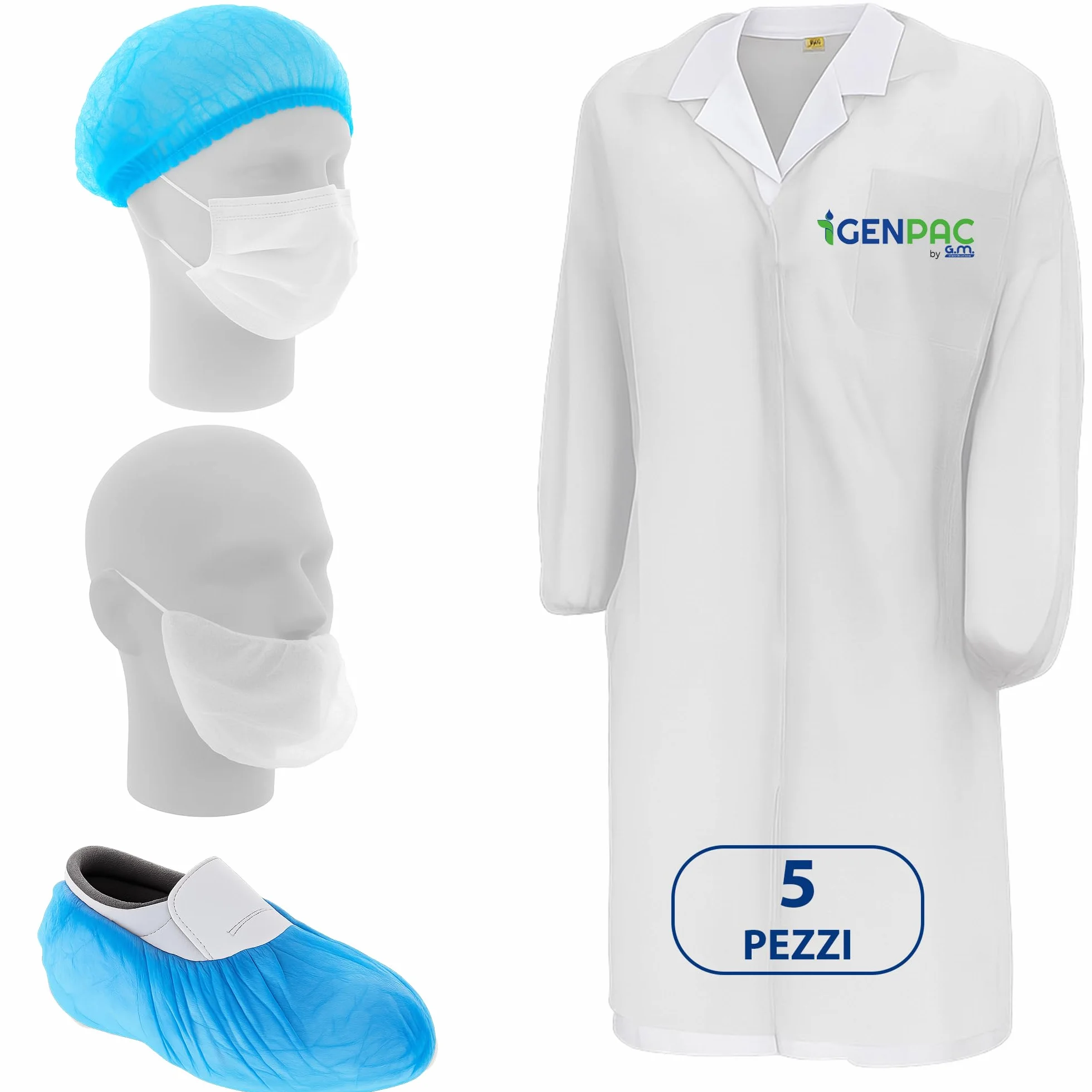 Kit Visitatore Monouso Bianco con Camice, Copriscarpe, Cuffia, Copribarba e Mascherina