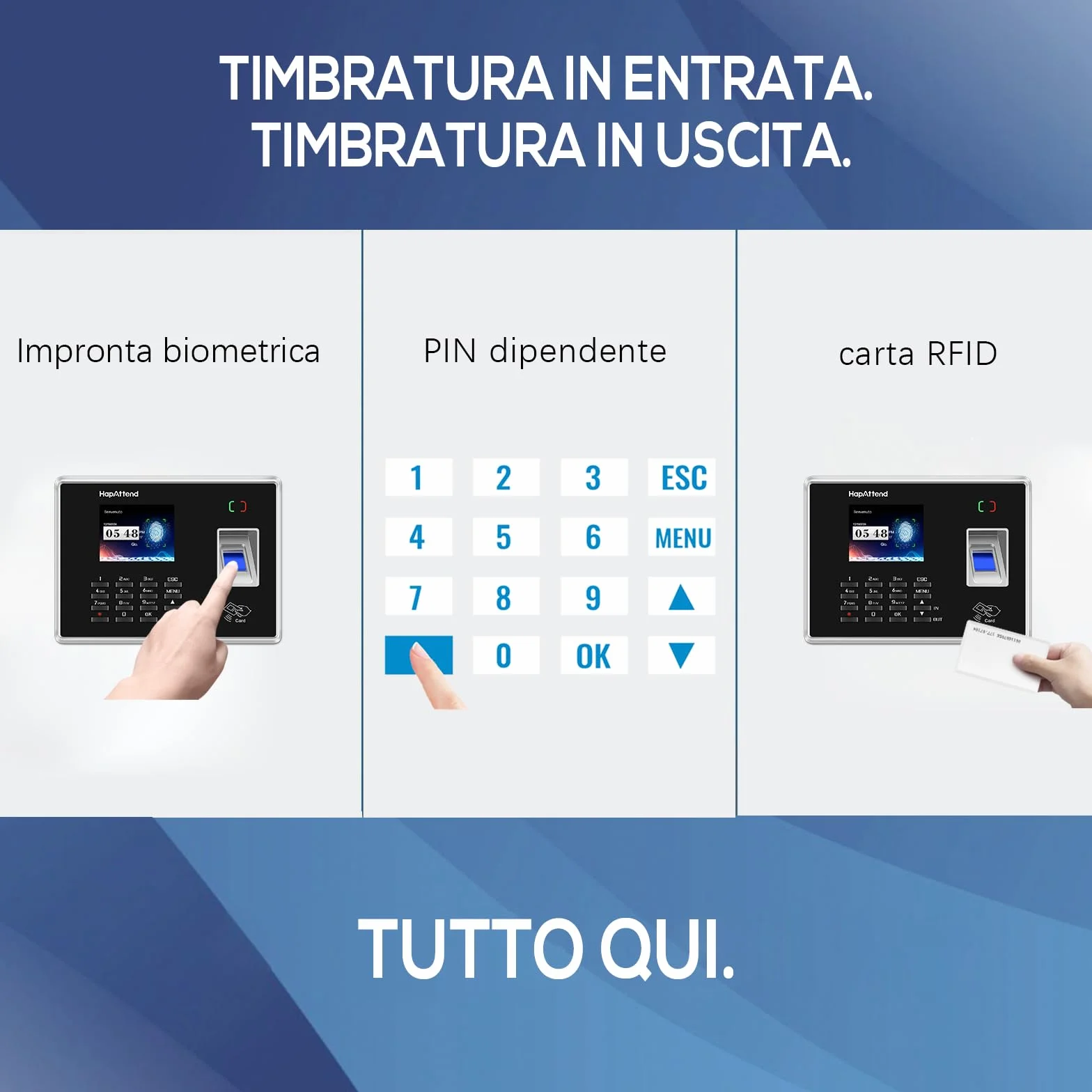 Rilevatore presenze, HapAttend Italiano timbracartellini dipendenti con impronte digitali e 5 badge RFID, H2 timbratrice presenze dipendenti Checking-in registratore orologio tempo per piccole imprese