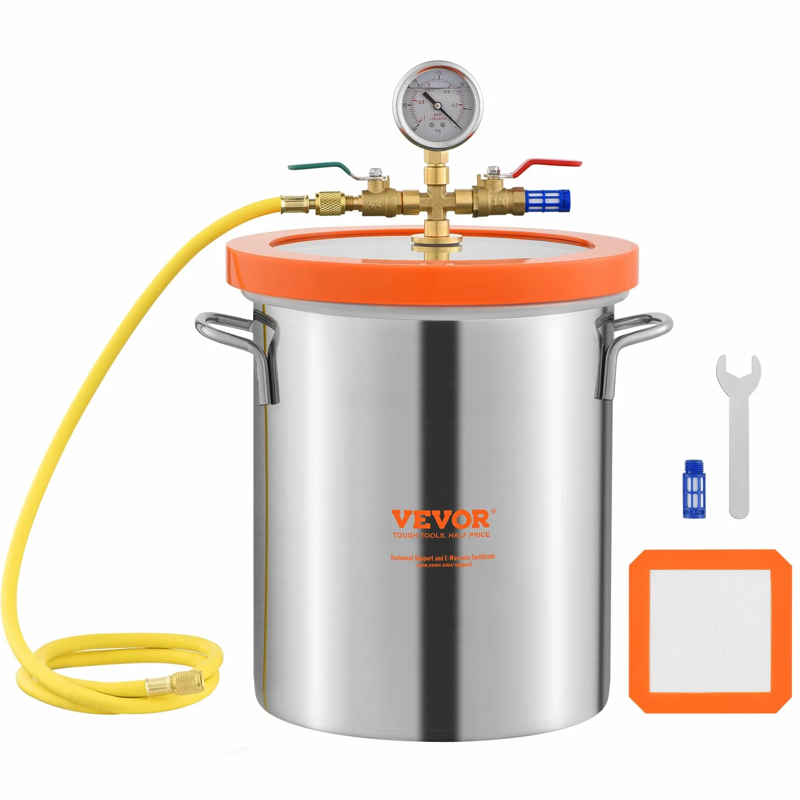 VEVOR Camera a Vuoto da 11,4 L Camera Sottovuoto 3 Gal in Acciaio Inox 304 con Coperchio in Vetro Temperato Camera di Degasaggio Contenitore Vuoto per Degasazione Stabile di Legno Resina Siliconica