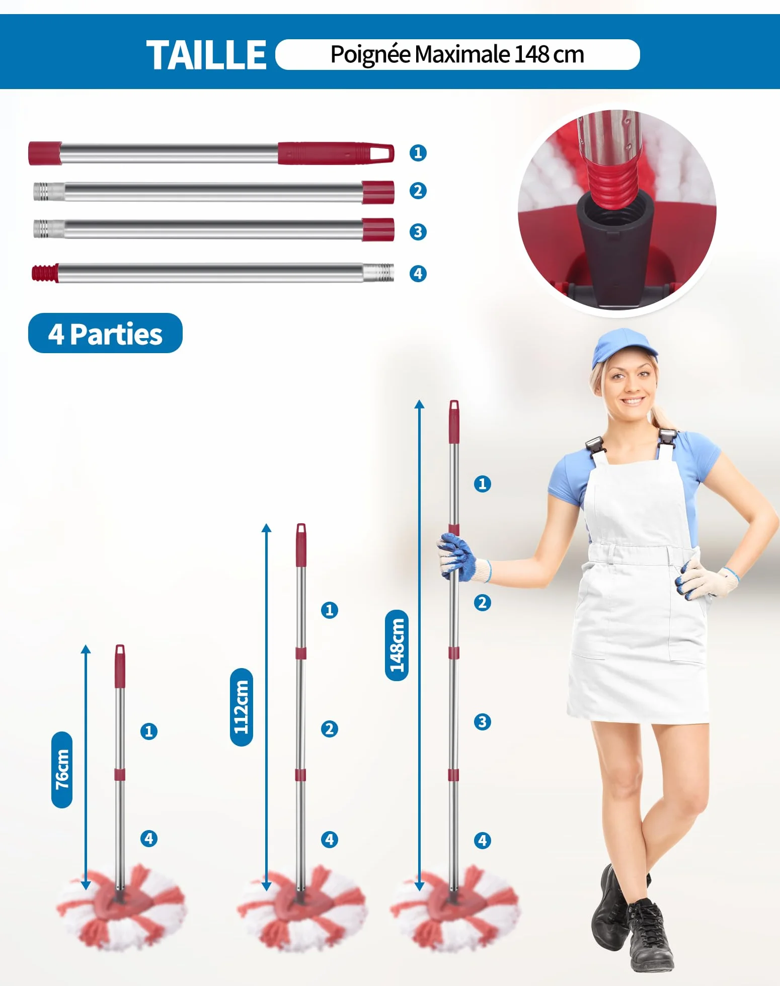 SOSALUK Manico per scopa compatibile con Vileda Easy Wring and Clean Turbo 76 cm-148 cm, manico in mocio per Vileda Turbo regolabile
