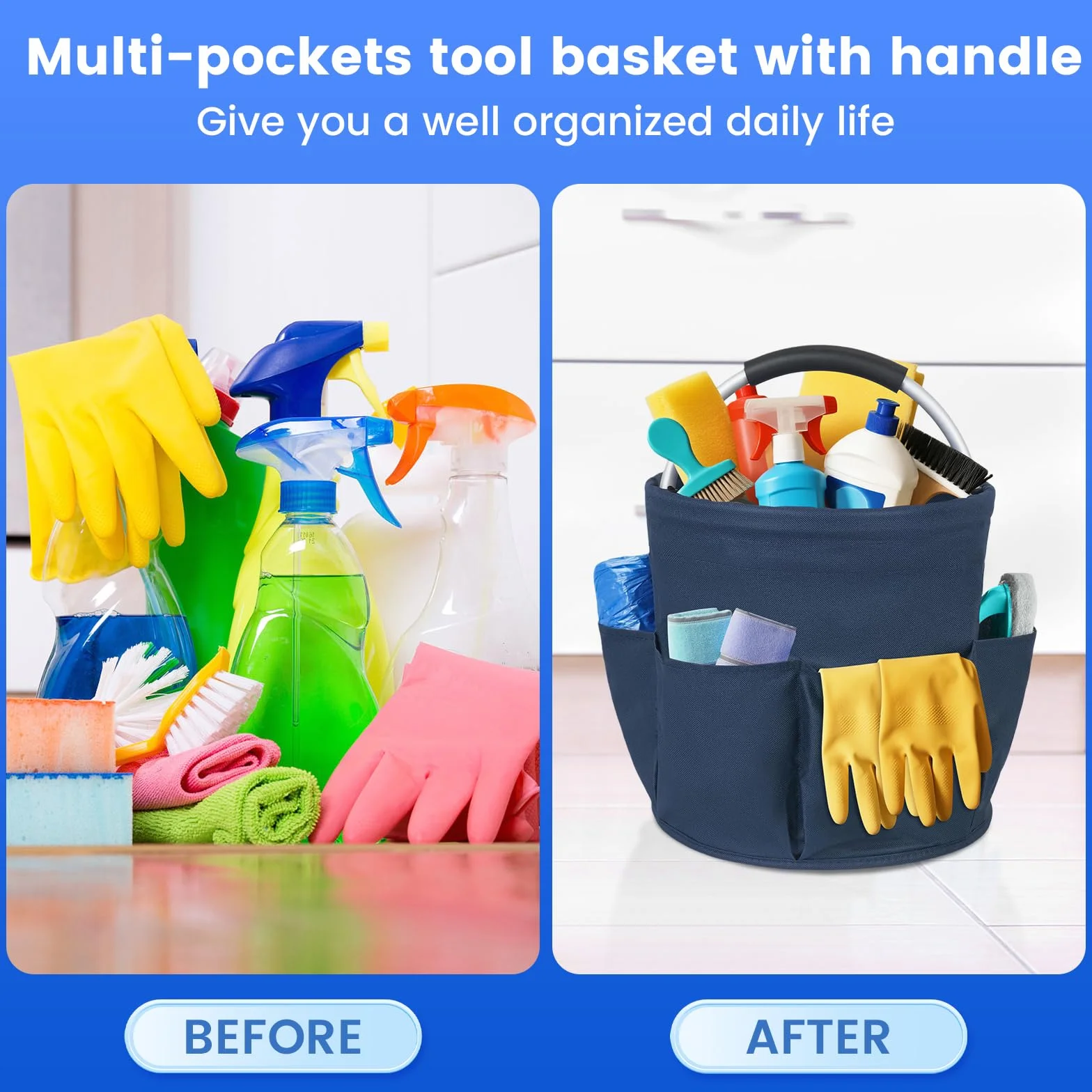 Carello Pulizie con Manico,2 Cestini Porta Atrezzi con 6 Tasche Esterne,Borsa Organizer Pieghevole Sacca Portaoggetti Borsa per Utensili di Pulizia,Contenitore per Pulizia Professionale,Blu
