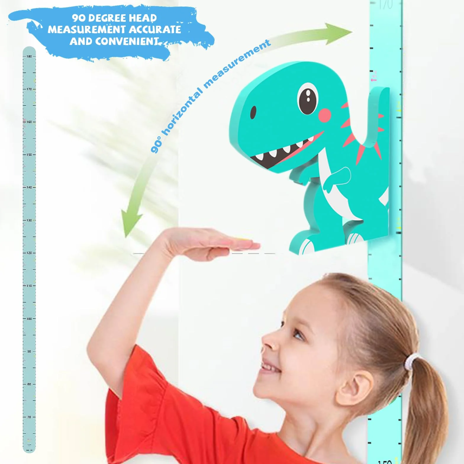 Tabella di misurazione altezza bambino: altimetro dinosauro 3D con penna lavagna bianca e metro a nastro