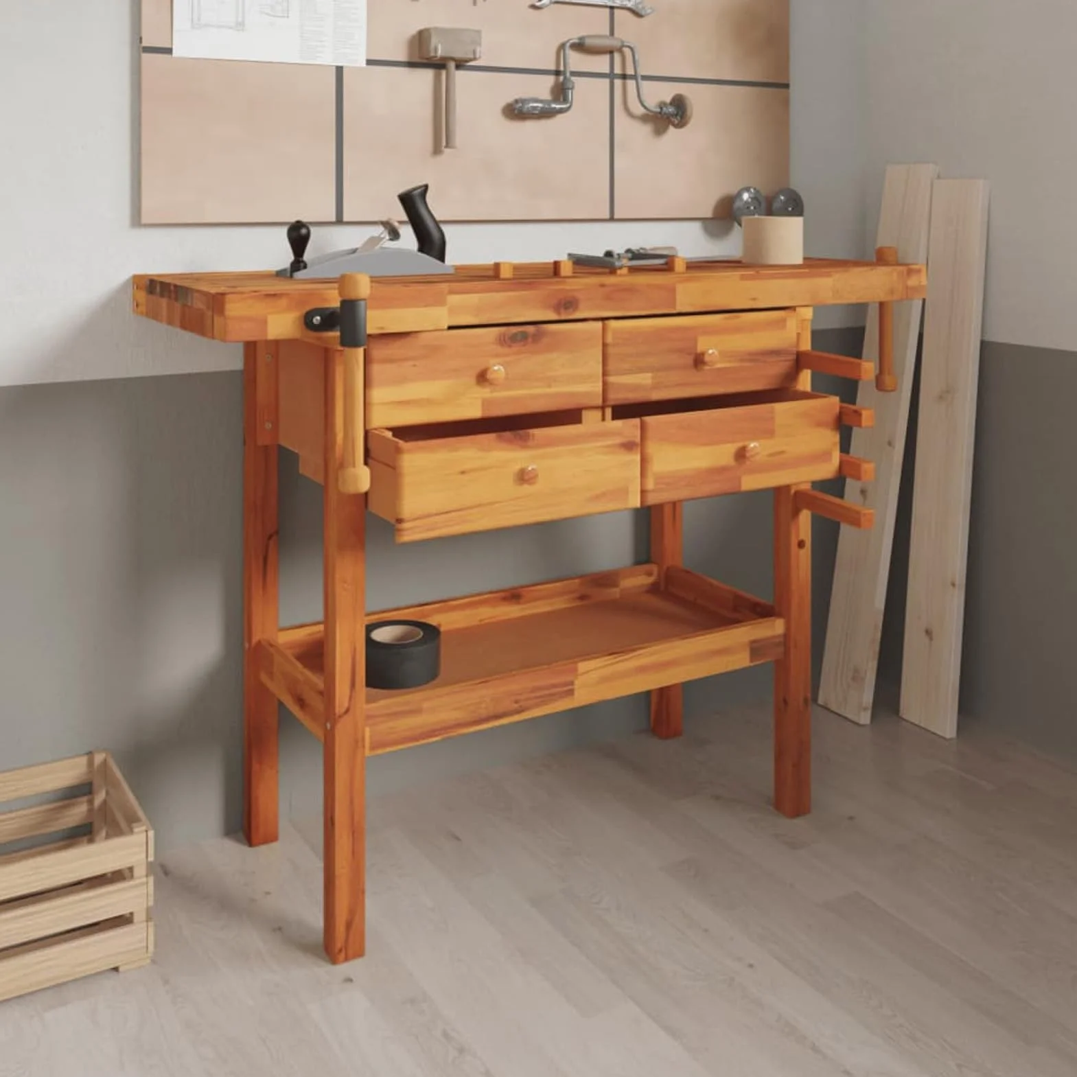 IKAYAA Banco da Lavoro Legno Banco da Lavoro con morsa e Cassetto per lavori di Bricolage, Falegname e Fai Date 124x52x83cm Legno Massello Acacia-Tipo 4