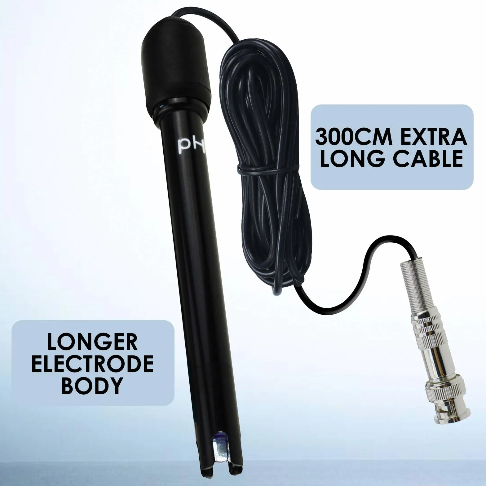 Sonda elettrodo pH sostituibile con connettore BNC - Cavo lungo 300 cm - Include polvere per calibrazione - Per pH metri, controller, test acque, laboratori, piscine e spa