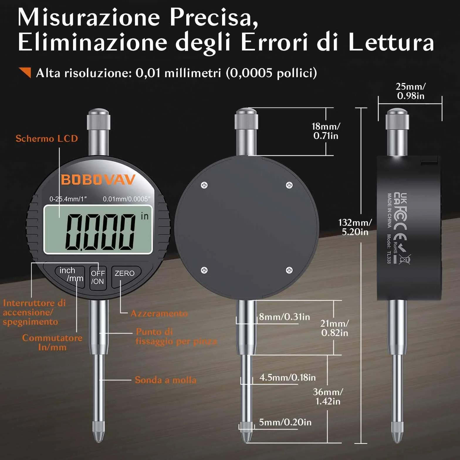 Comparatore Centesimale Digitale 0-25.4mm/1",Alta Precisione 0.01mm/0.0005" Display LCD,Commutabile mm e Pollici,Azzeramento,Indicatore Digitale per Torni CNC e Stampa 3D