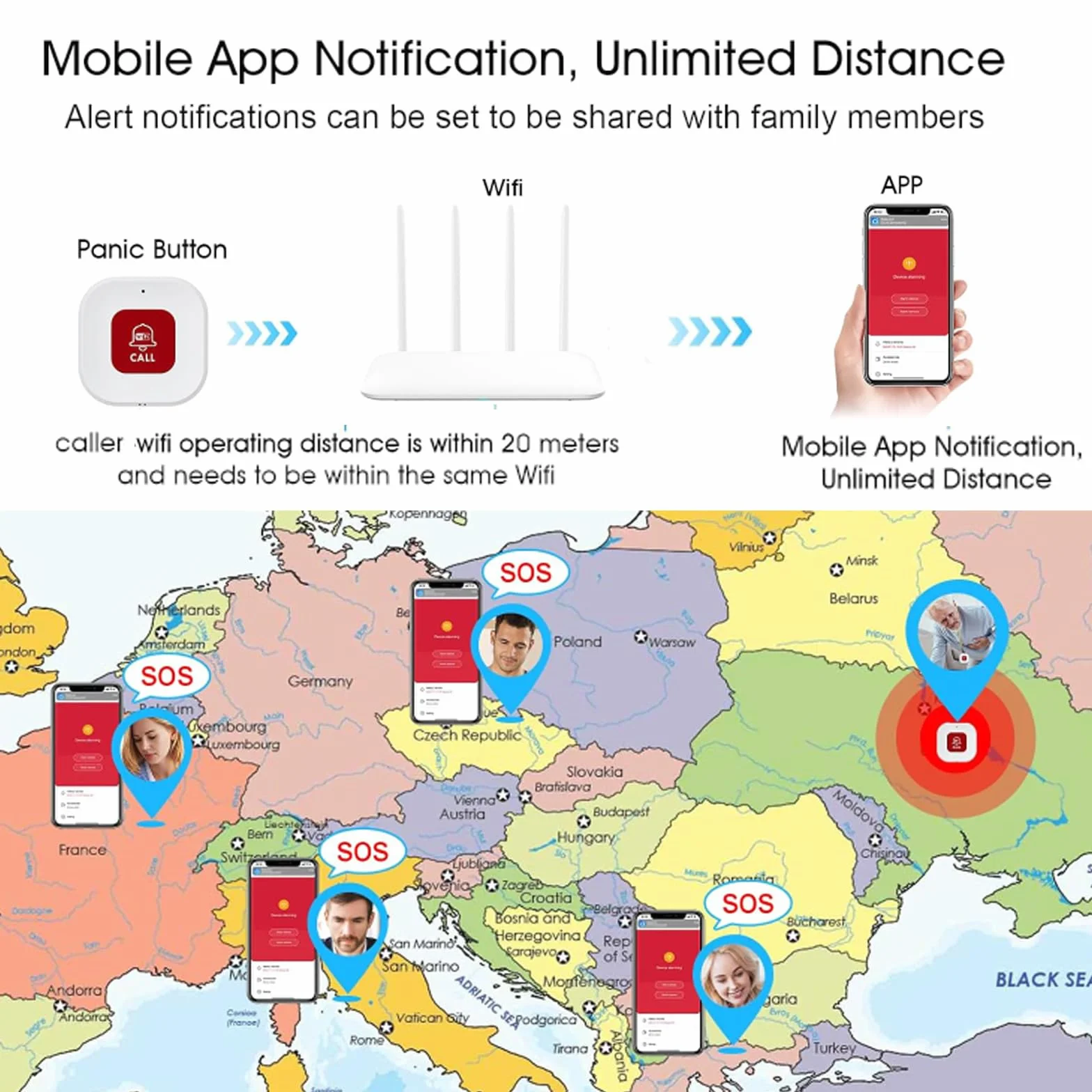 WiFi Pulsante Salvavita Anziani Sistema di Allarme di Emergenza per i Cittadini Anziani Pazienti Disabili Anziani (Supporto solo 2.4GHz Wi-Fi) (WiFi Pulsante (Non è necessario alcun ricevitore))