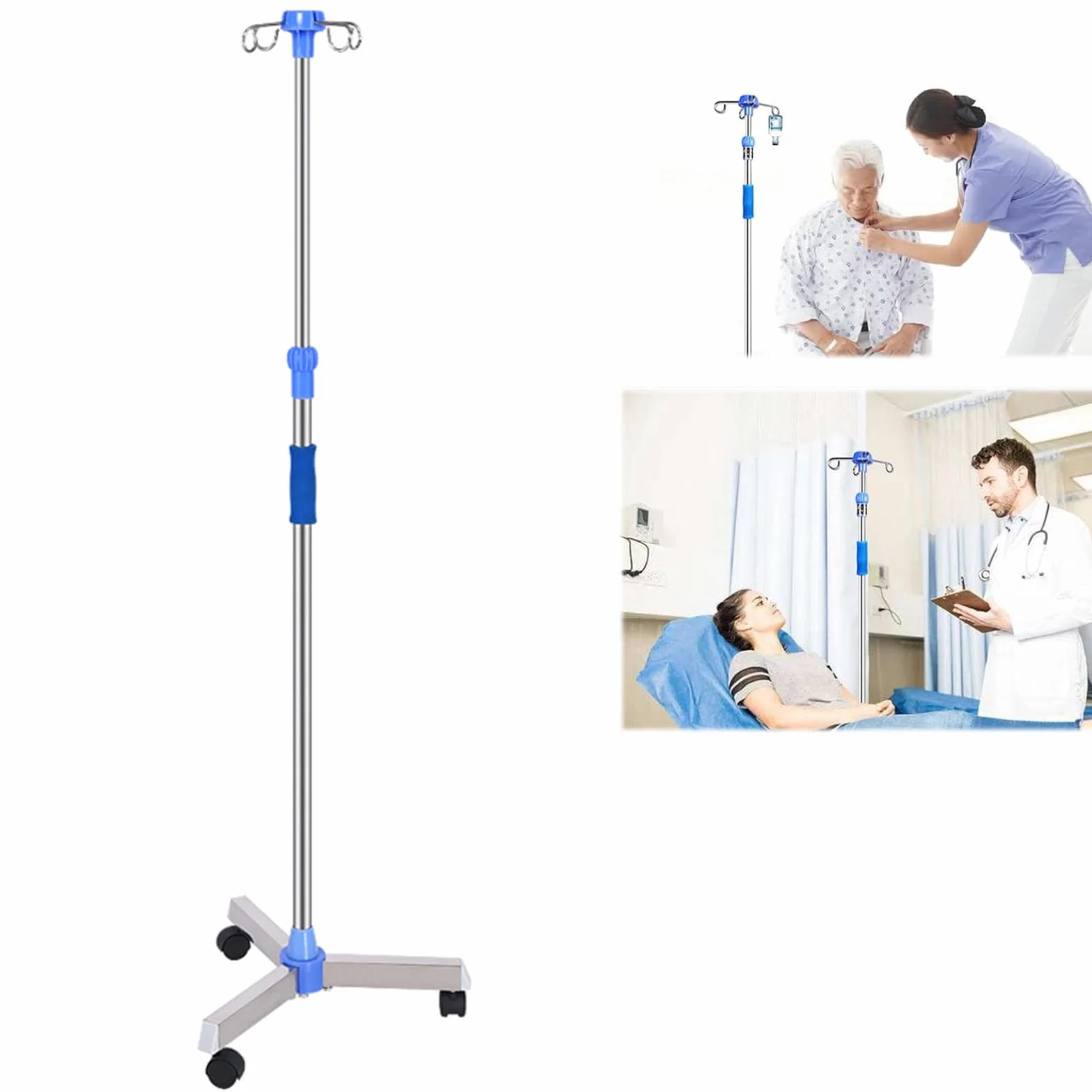 Asta Per Flebo con 4 Ganci e 3 Ruote Rimovibili,Portaflebo Portatile con Rotelle,Altezza Regolabile per l'assistenza Domiciliare Ospedaliera